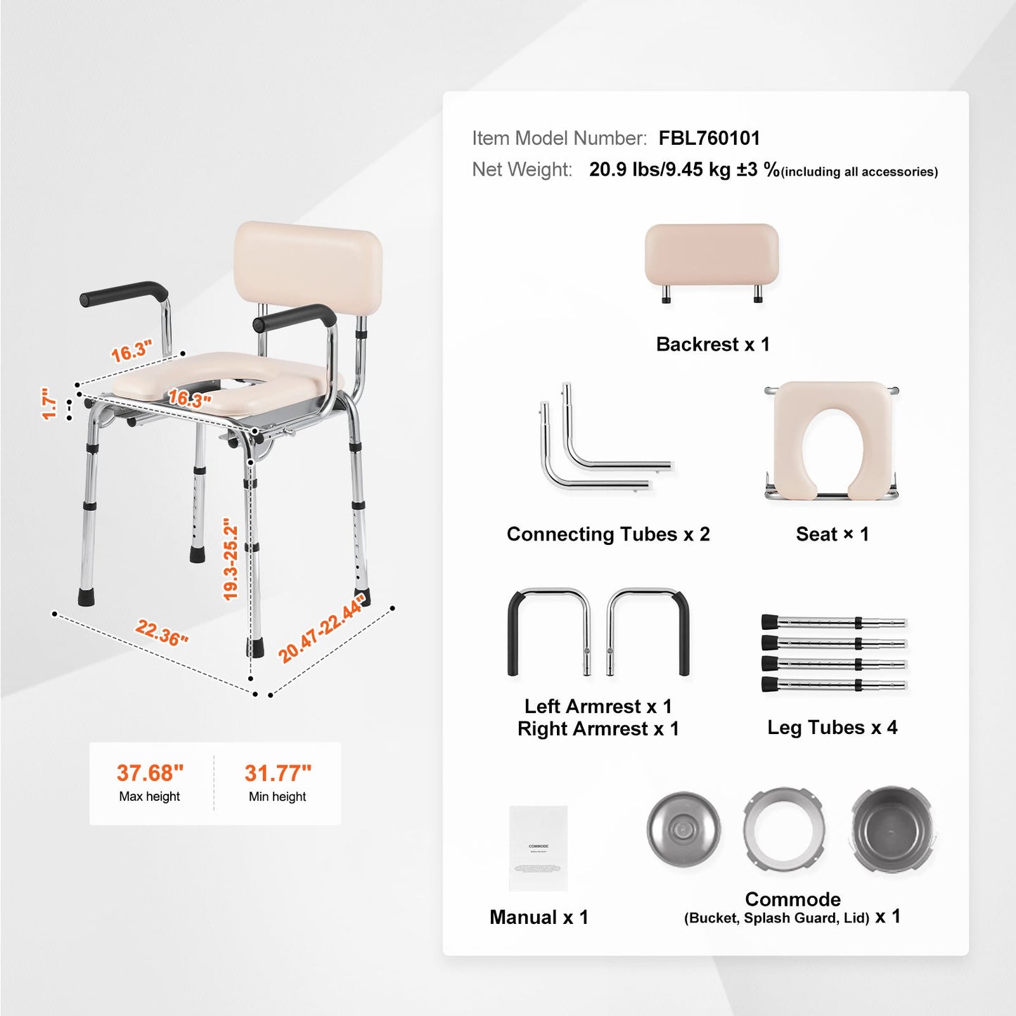Commode chair kit parts: beige seat and back, connecting tubes, and leg tubes