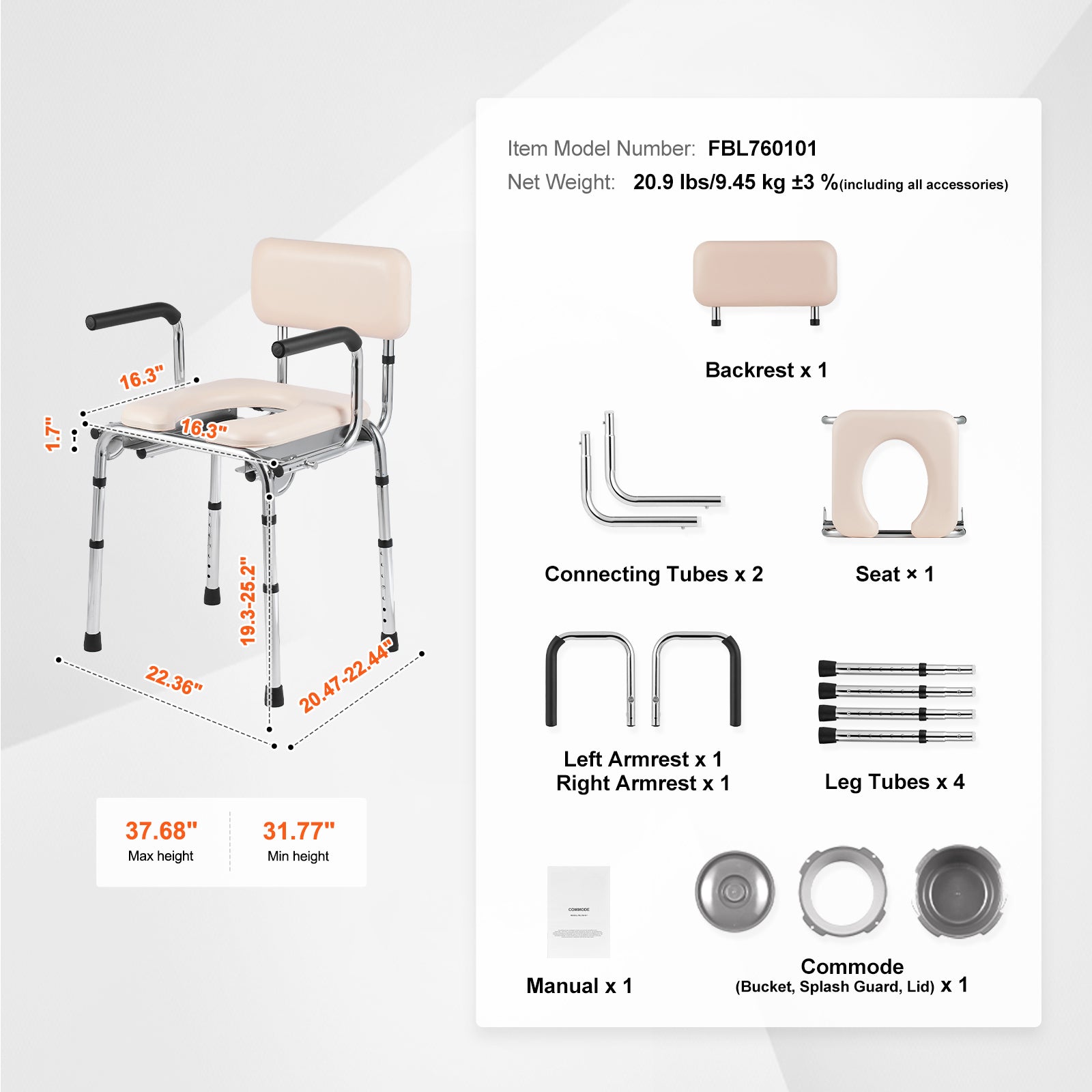 Commode chair kit parts: beige seat and back, connecting tubes, and leg tubes