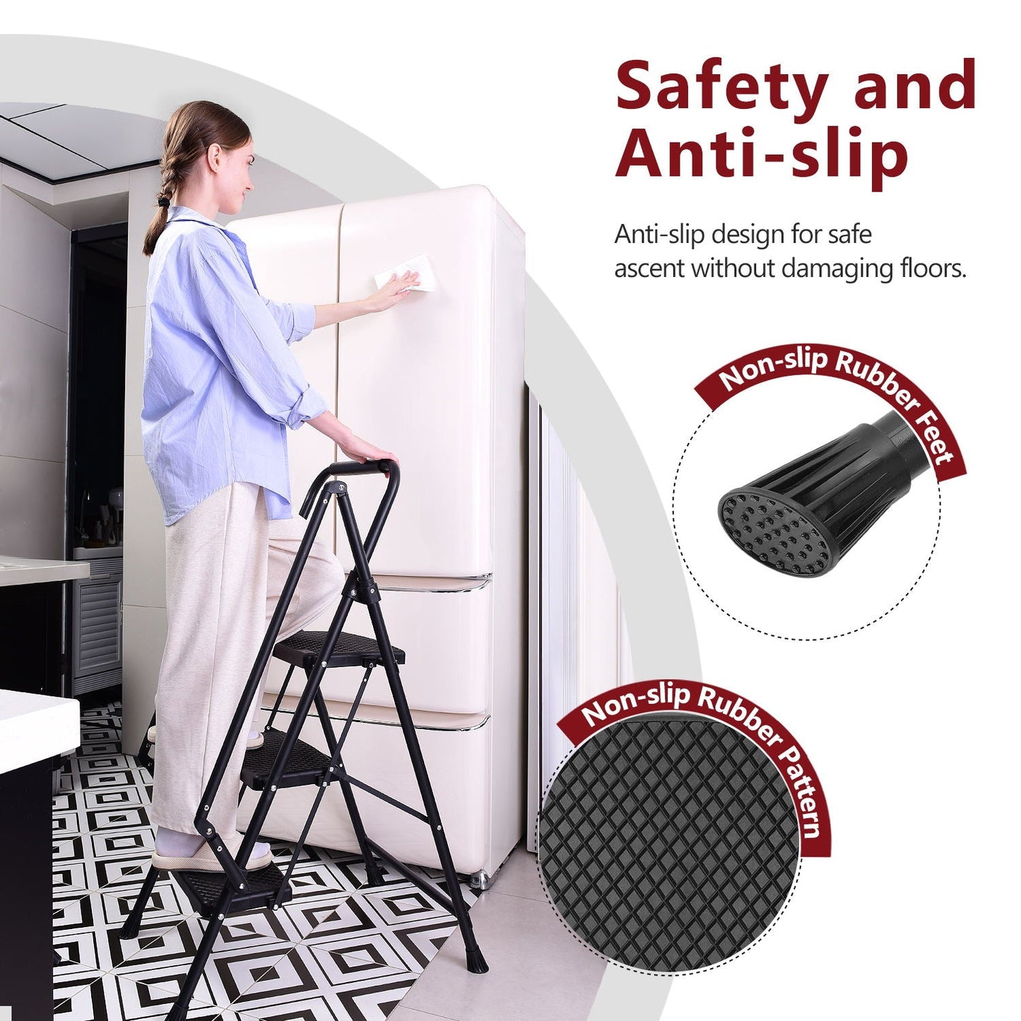 Four step ladder, lightweight folding four step stool, wide anti slip pedal and safety handle, sturdy steel ladder