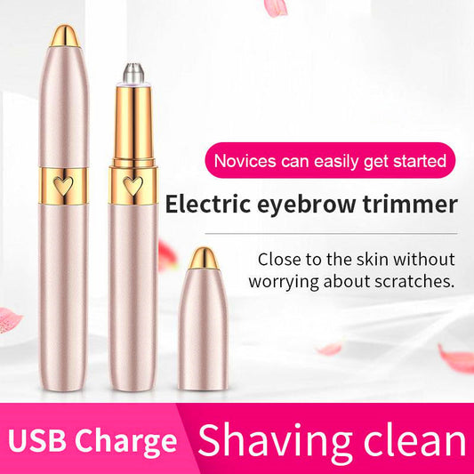 Rechargeable electric eyebrow trimmer, light pink body with gold cap and heart detail