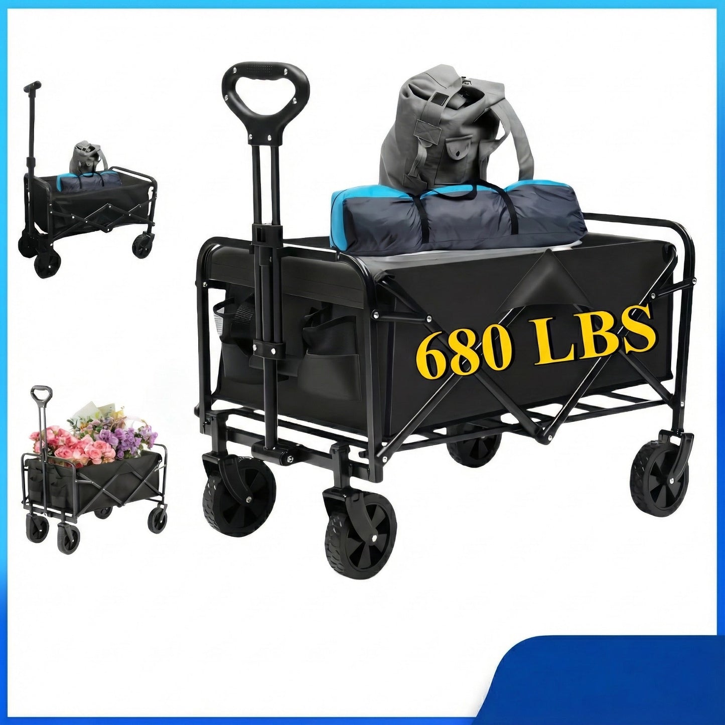 Black folding garden wagon cart with 4 all-terrain wheels and side panels