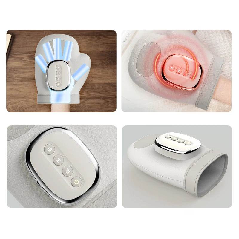 Airbag hand massager close-ups with glowing heat center and light gray wrist band