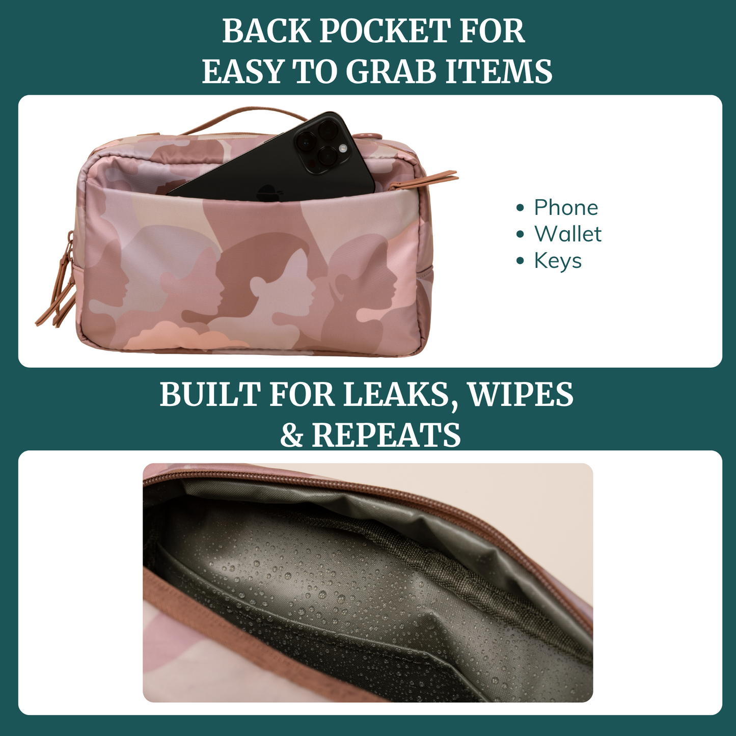 Pink camouflage breast pump cooler bag with rear pocket for small essentials.