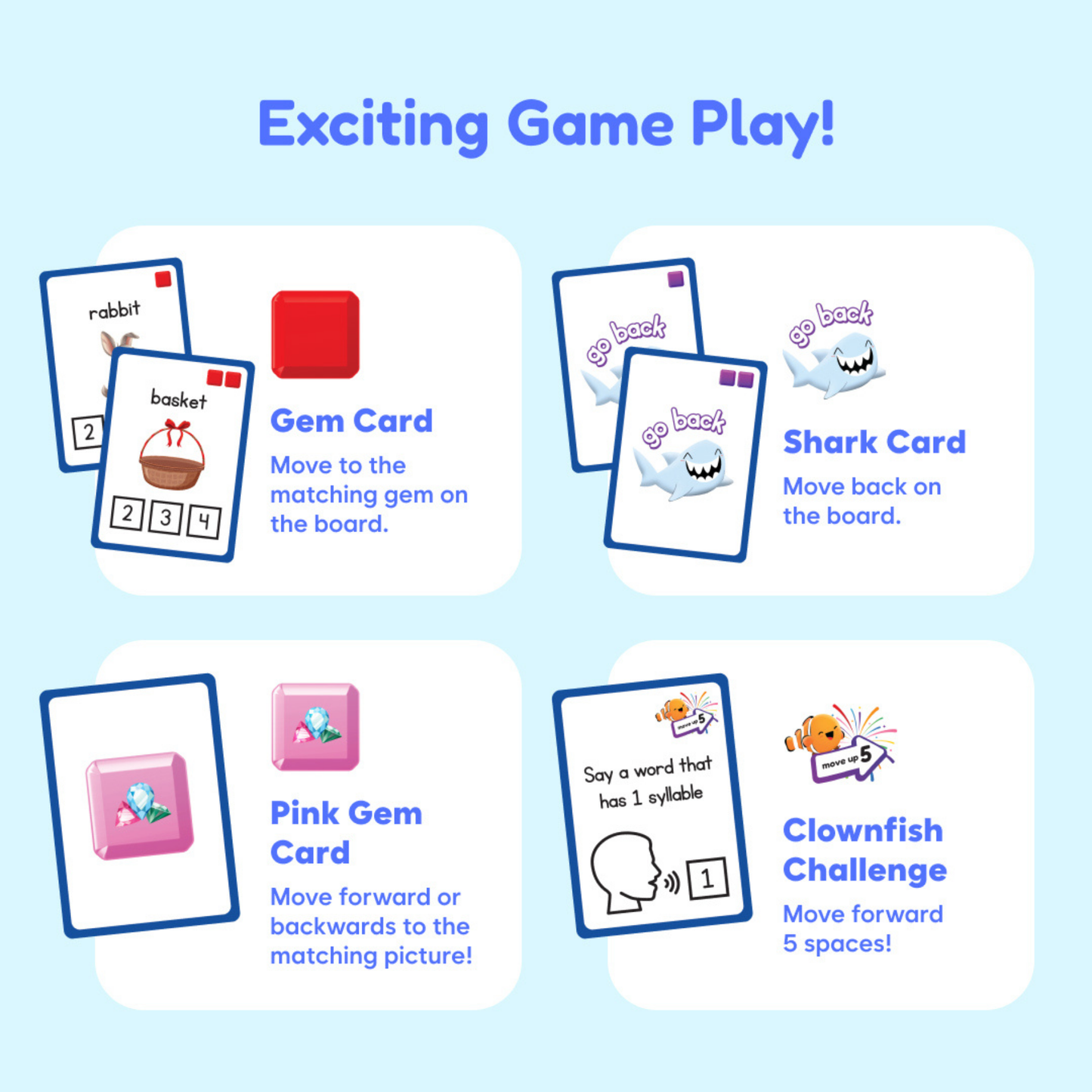 SquishyLand challenge cards: gem card, shark card, pink gem card, clowfish challenge