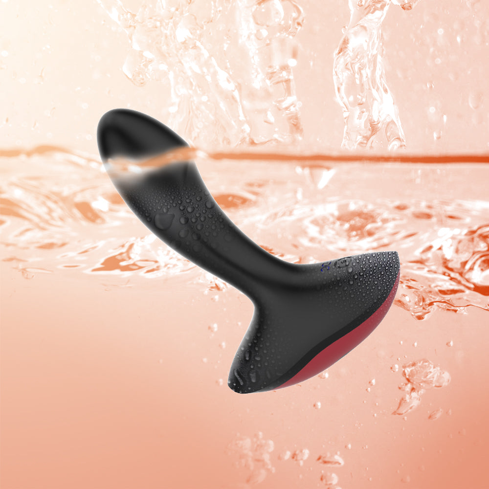 Water-splash view anal massager in black silicone with red underside accent