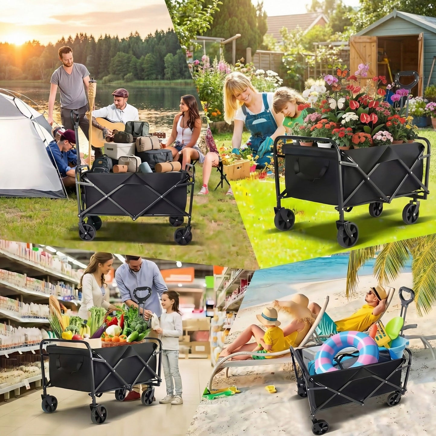 Black folding utility wagon cart with built-in cooler and cross-braced side panels