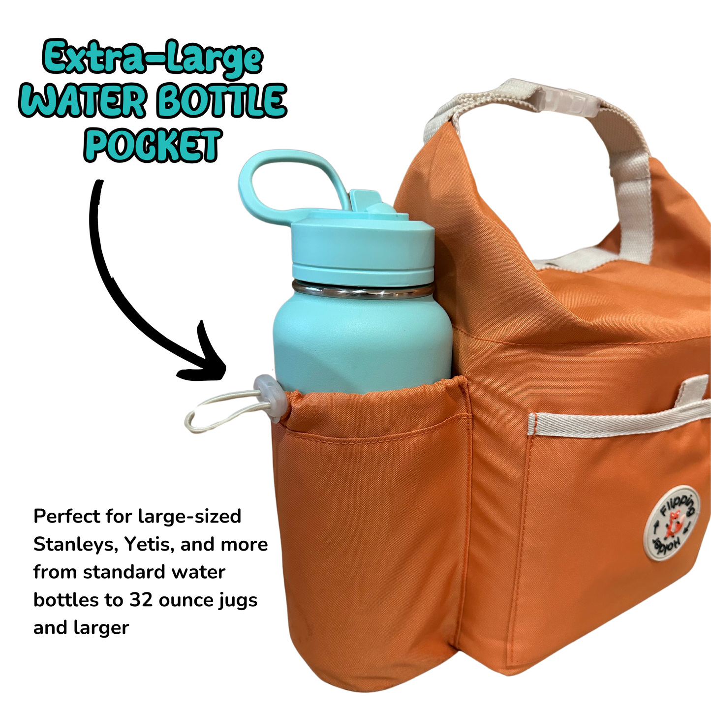 Orange thermal tote bag with extra-large front bottle pocket holding a bottle