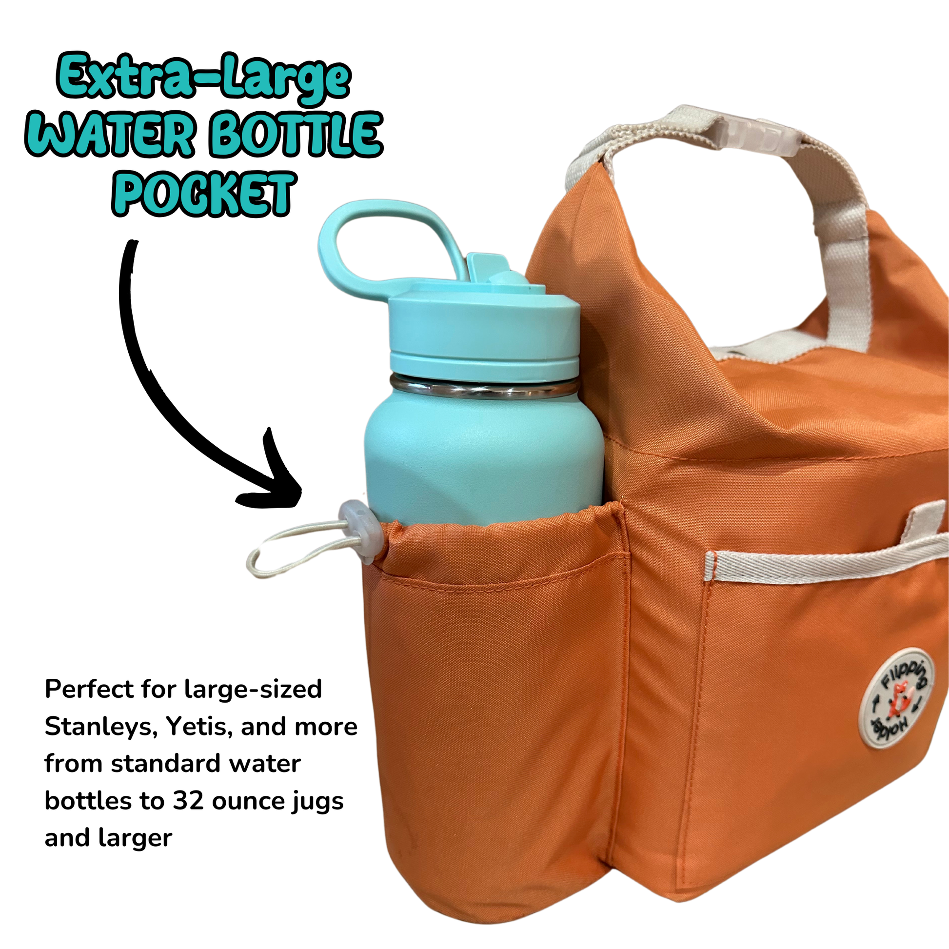 Orange thermal tote bag with extra-large front bottle pocket holding a bottle