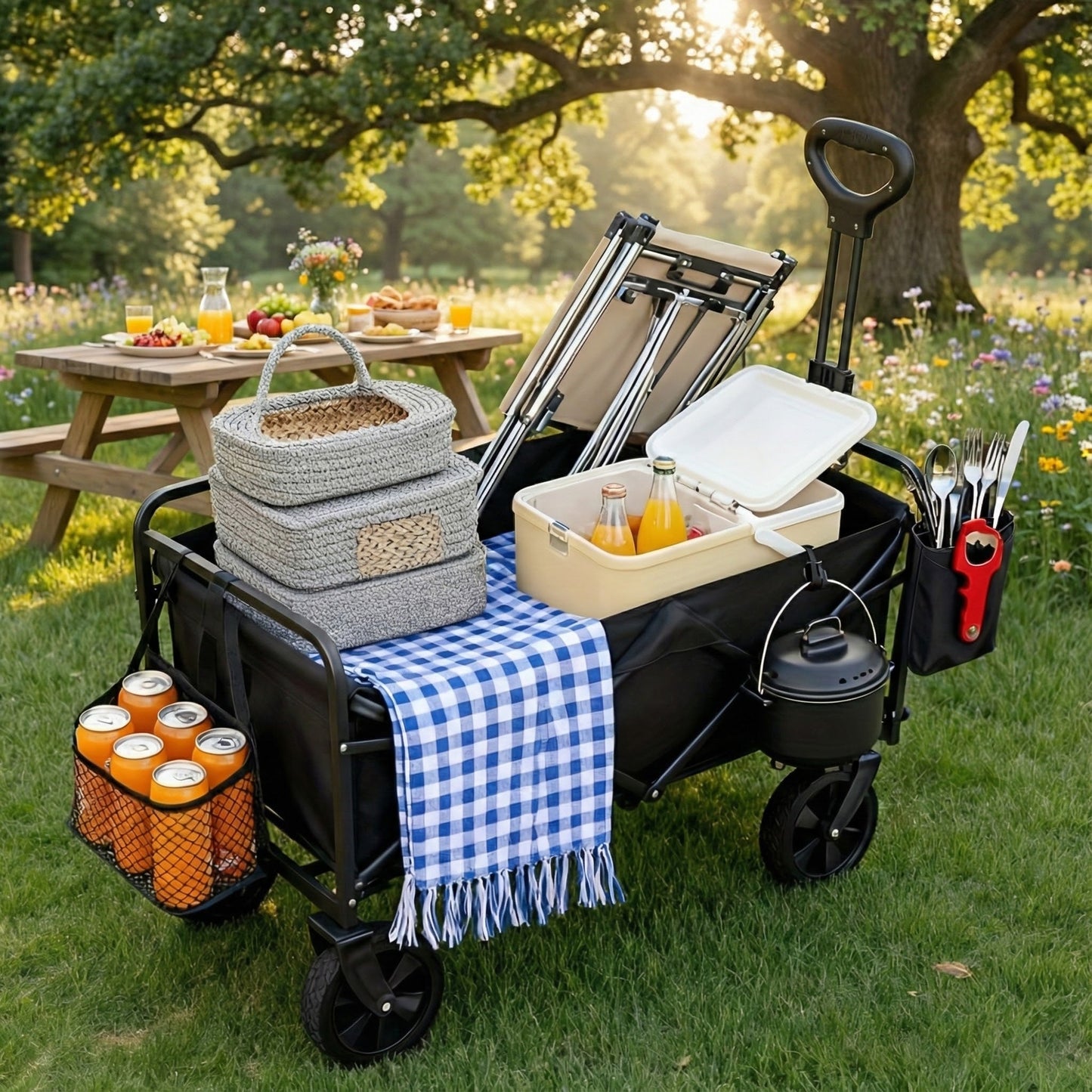 Black folding wagon cart with picnic accessories in a fabric cooler compartment