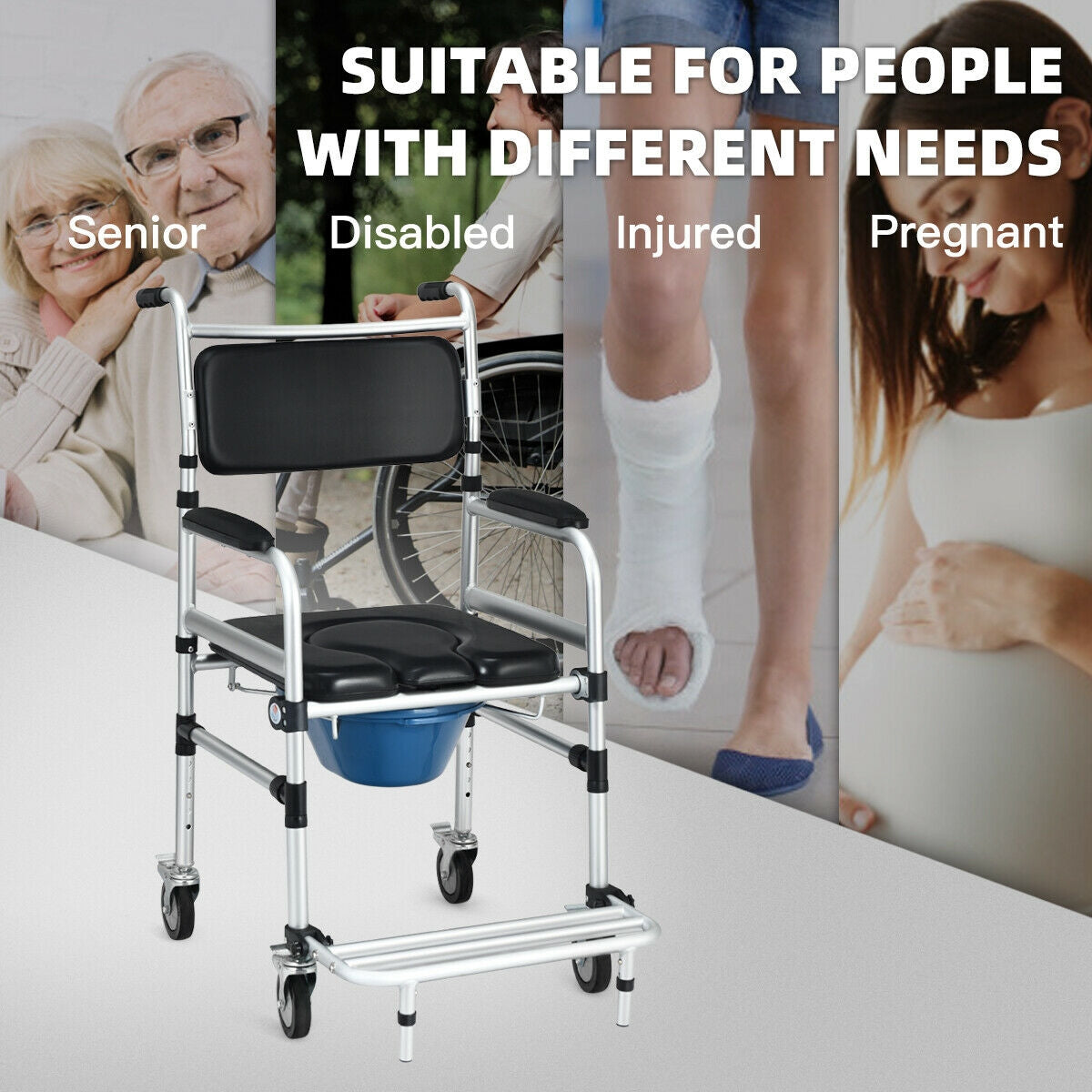 Commode wheelchair with padded seat, backrest, and blue bucket with caster base