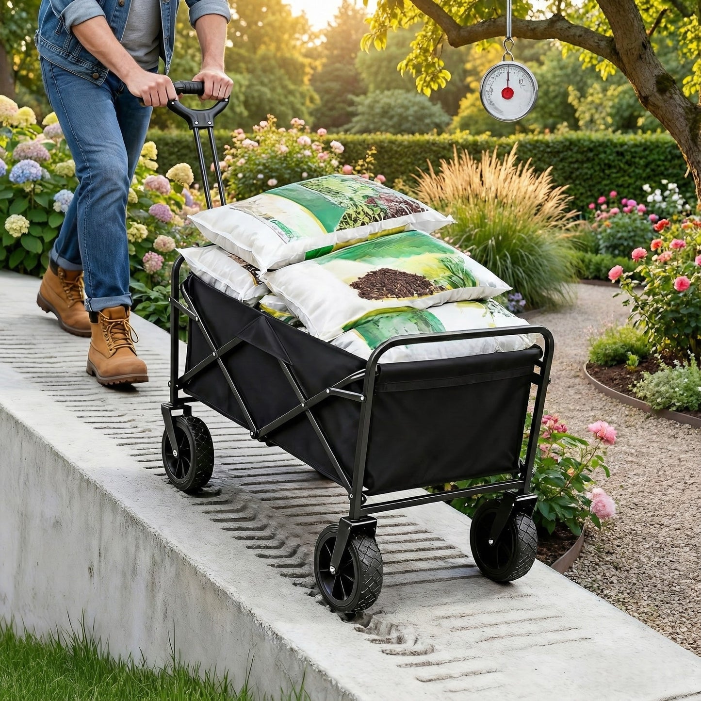 Black folding wagon cart on wheels carrying soil bags along a garden path