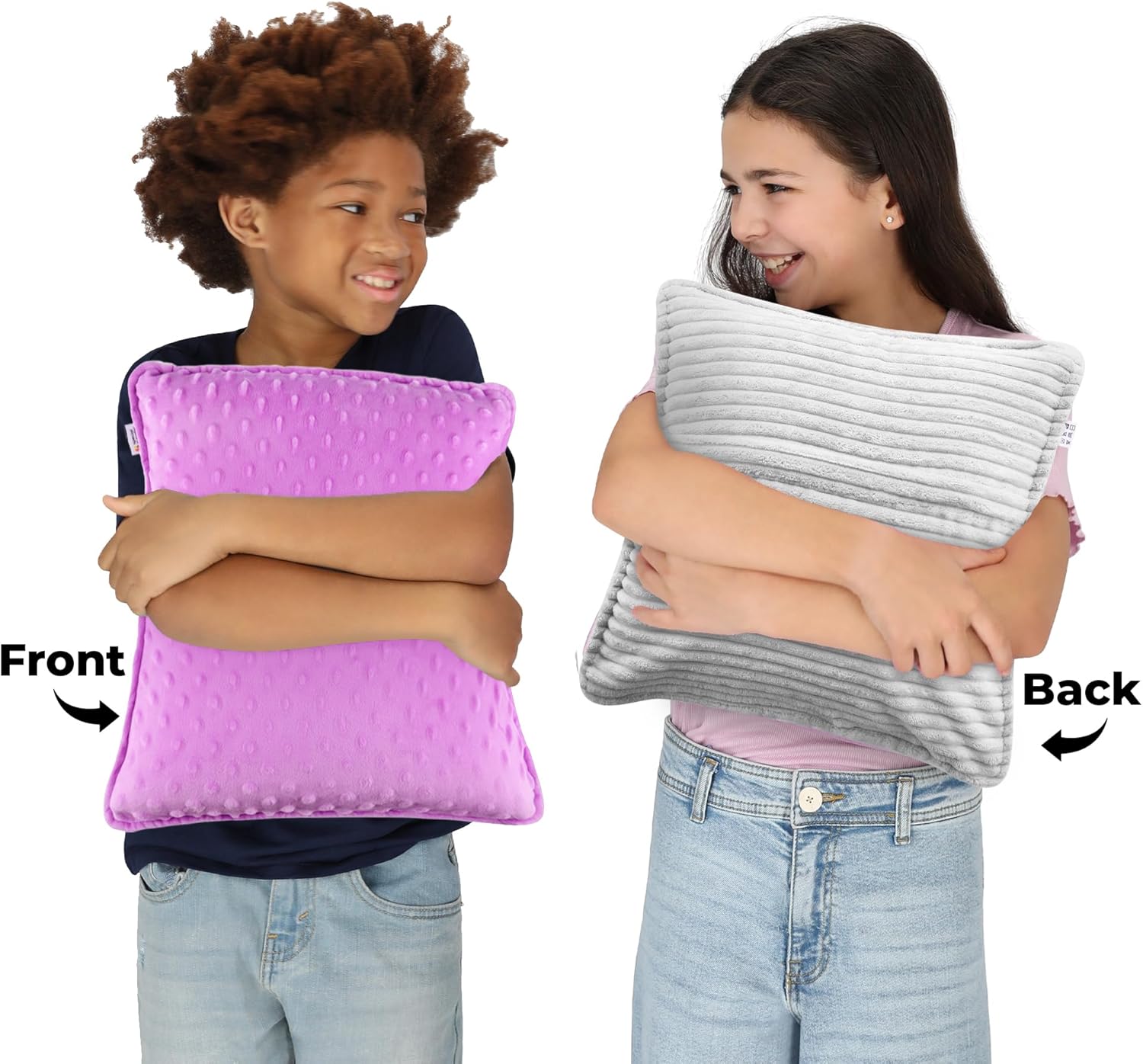 Purple front textured vibrating pillow with gray back cover shown