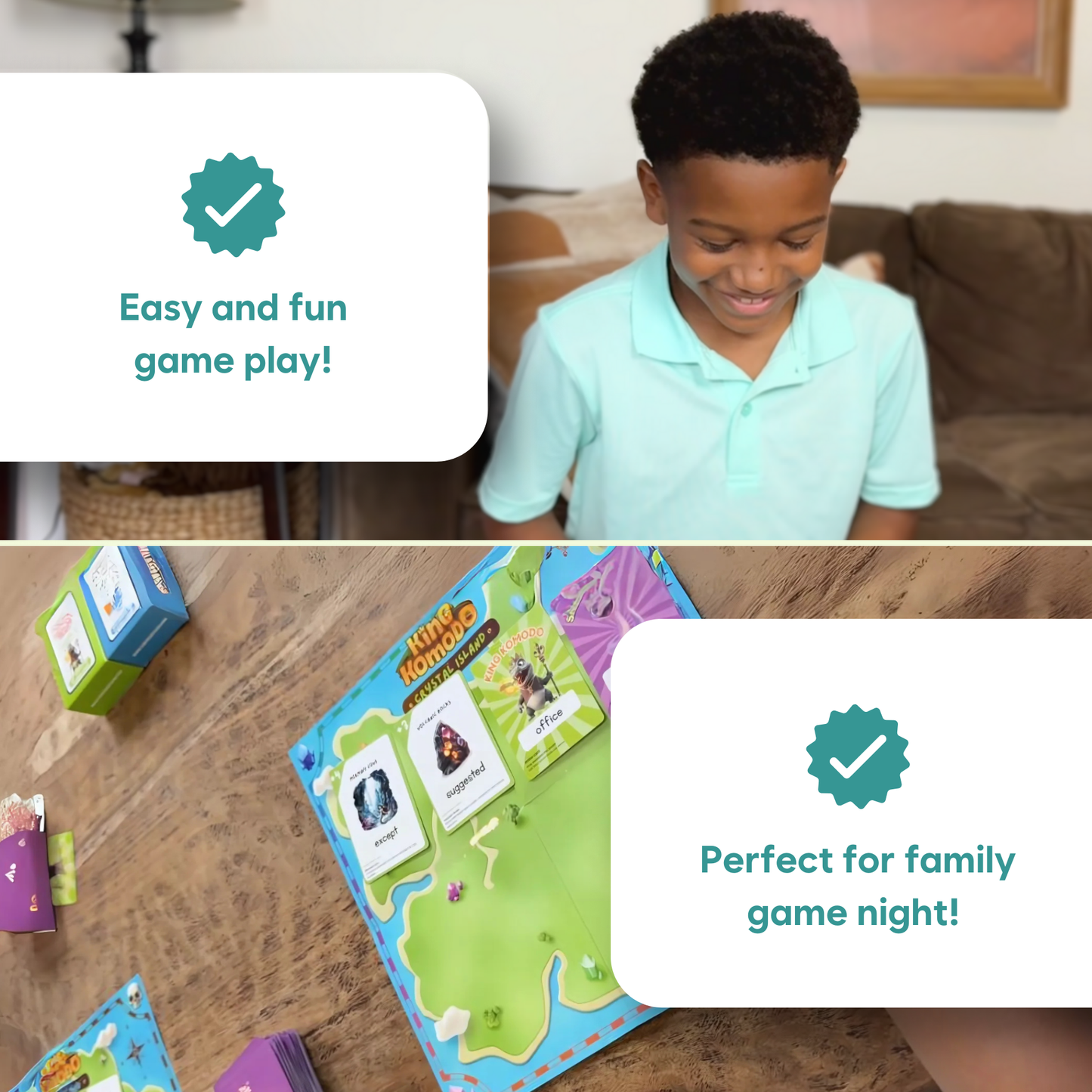 Child playing a word card game with a King Komodo island map board