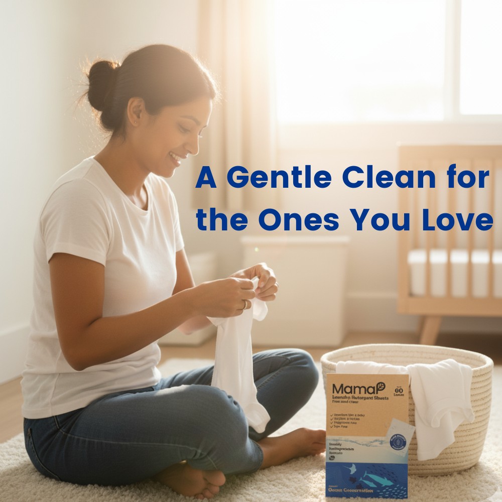 Sensitive skin laundry detergent sheets with sheet in hand and pack in a laundry basket