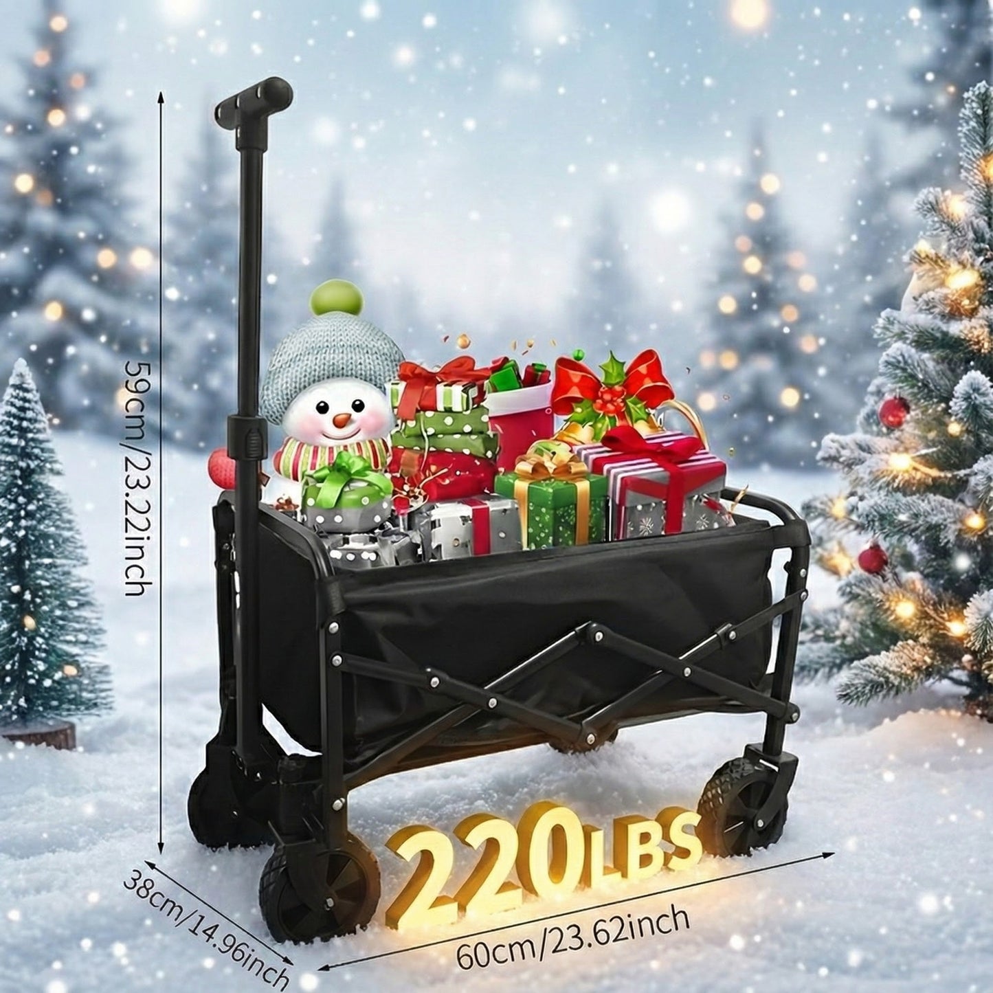 Black folding wagon cart holding gift boxes with 4 large wheels