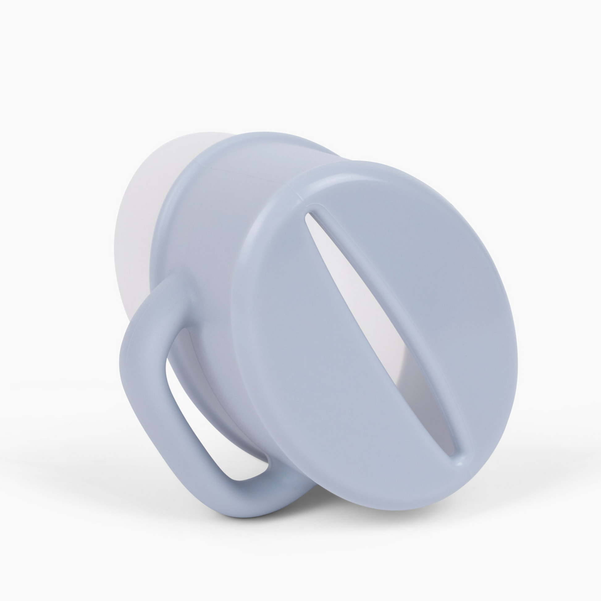 Light blue flipping snack cup with lid and carry handle