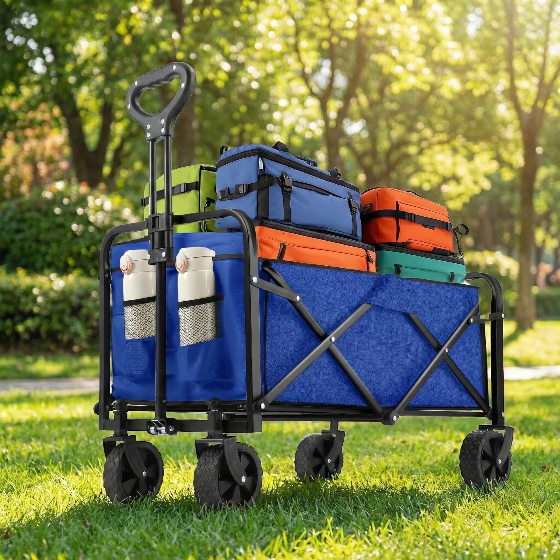 Blue and orange folding wagon cart with steel frame and fabric cargo compartments