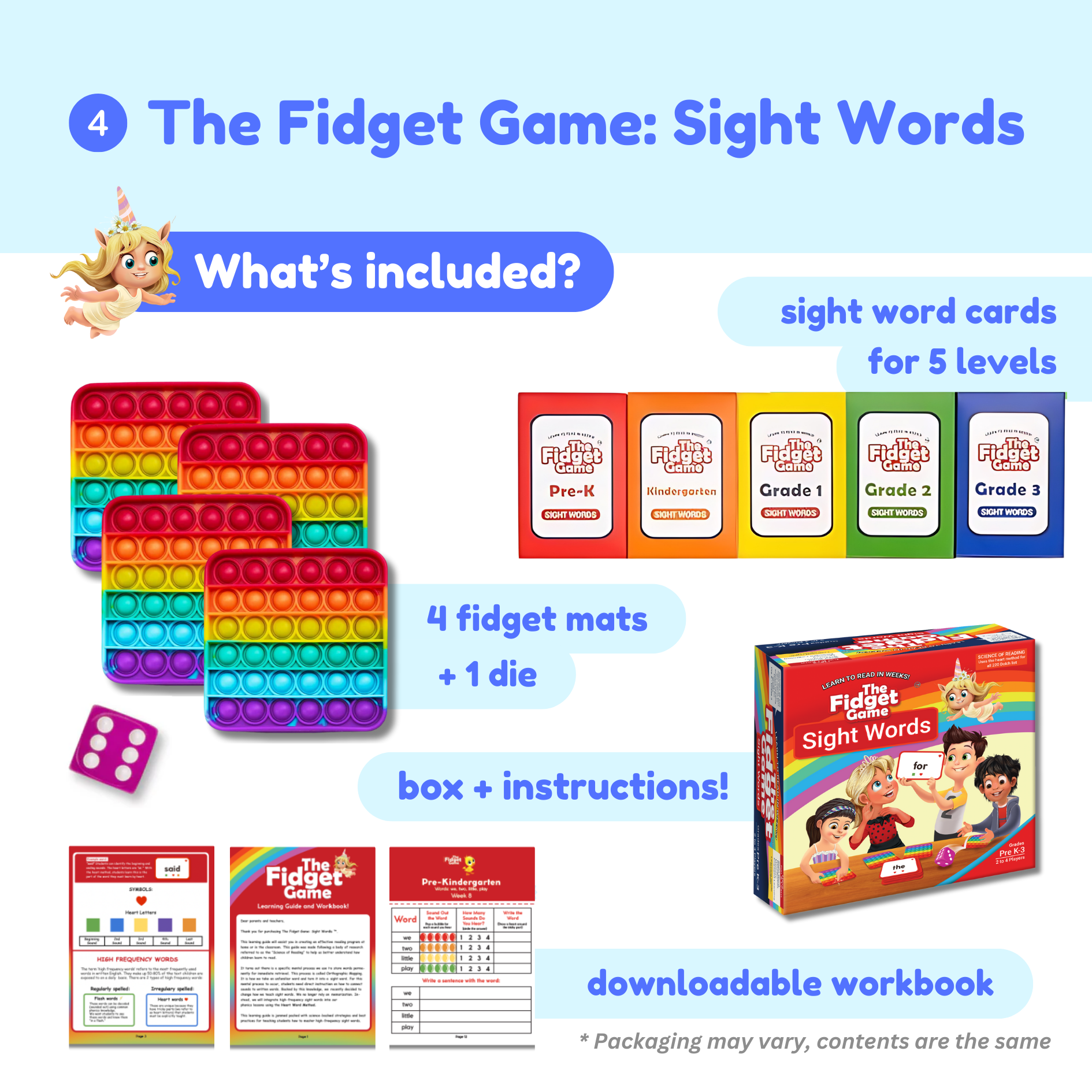 Pre-K sight words fidget game set with word cards, mats, die, and workbook