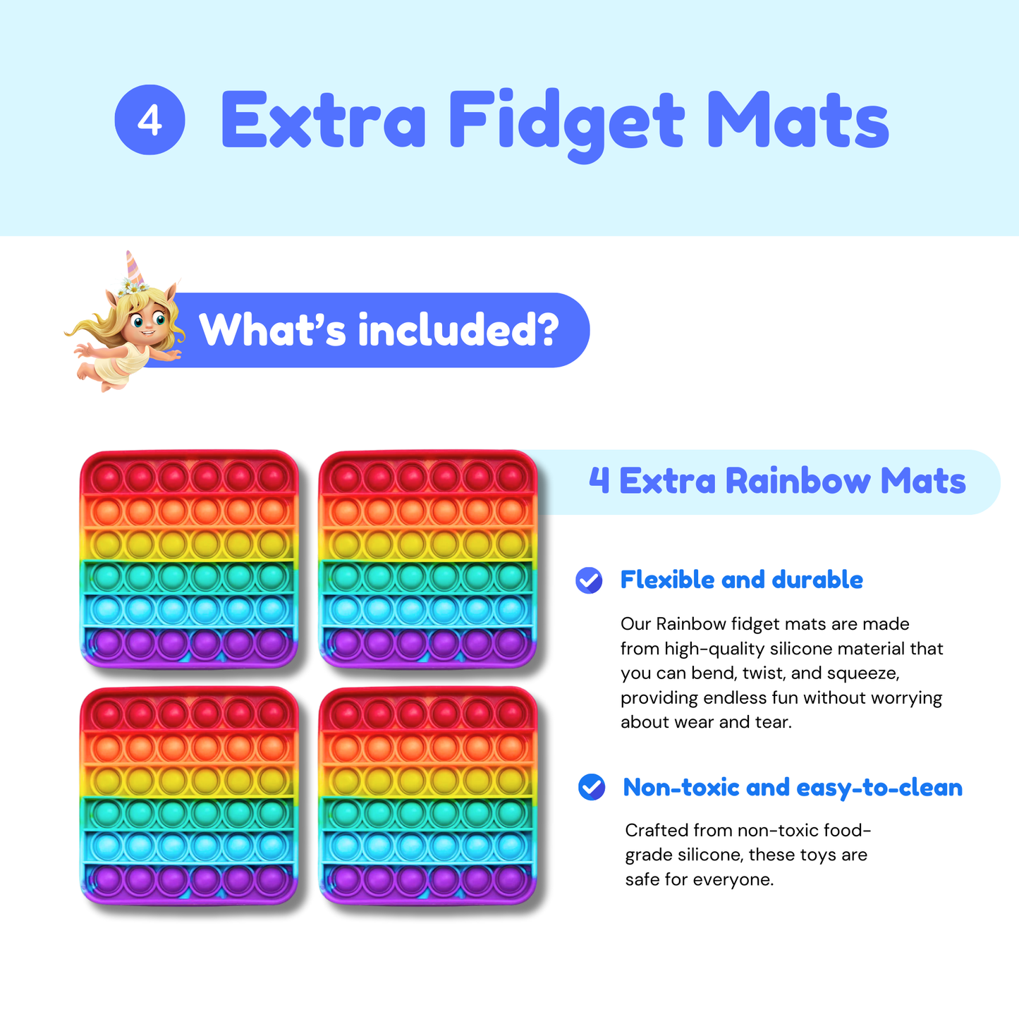 Four-pack extra rainbow fidget mats with multicolor pop-it silicone squares