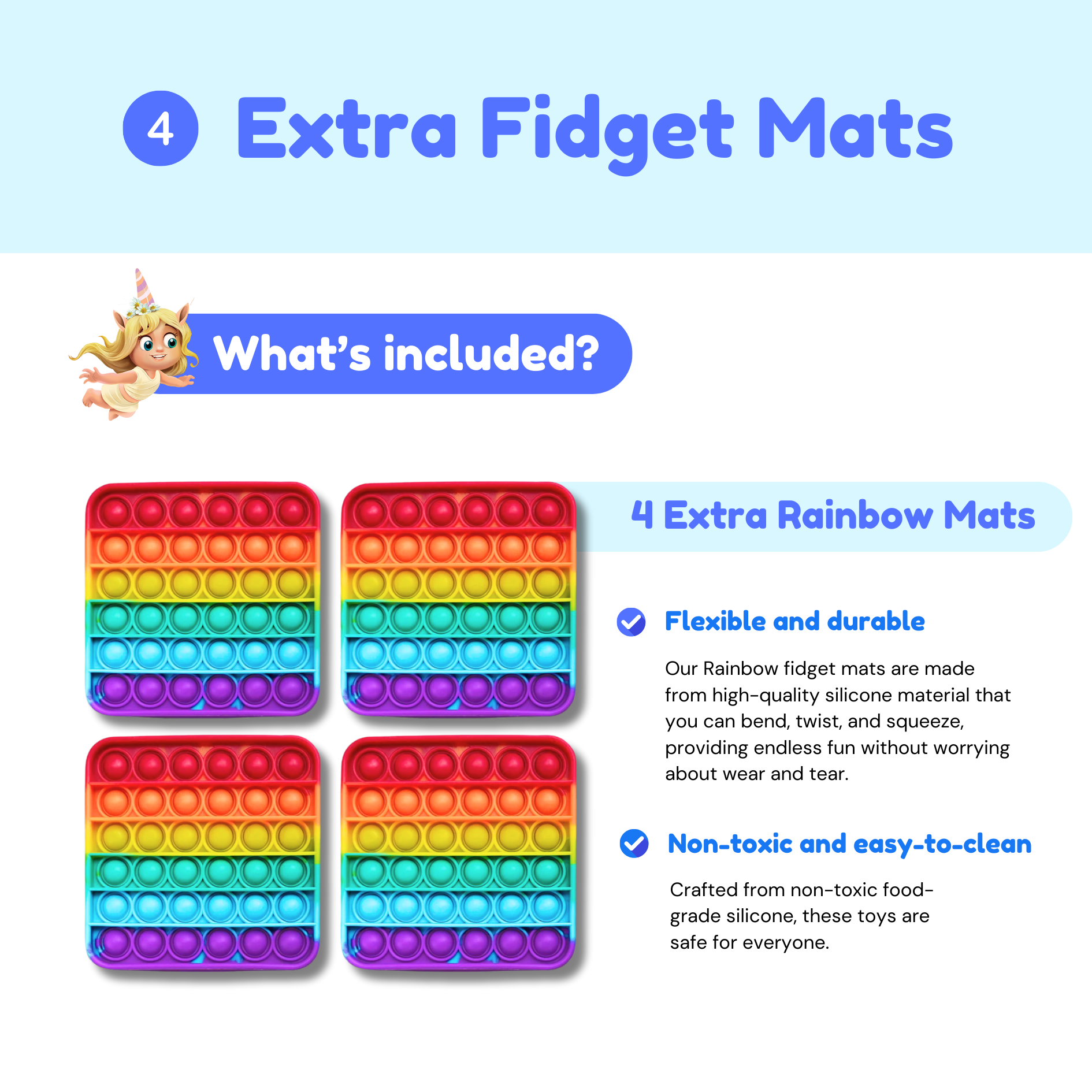 Four-pack extra rainbow fidget mats with multicolor pop-it silicone squares