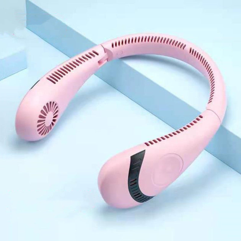 Portable hanging neck fan, pink curved body with side vents and built-in control panel.