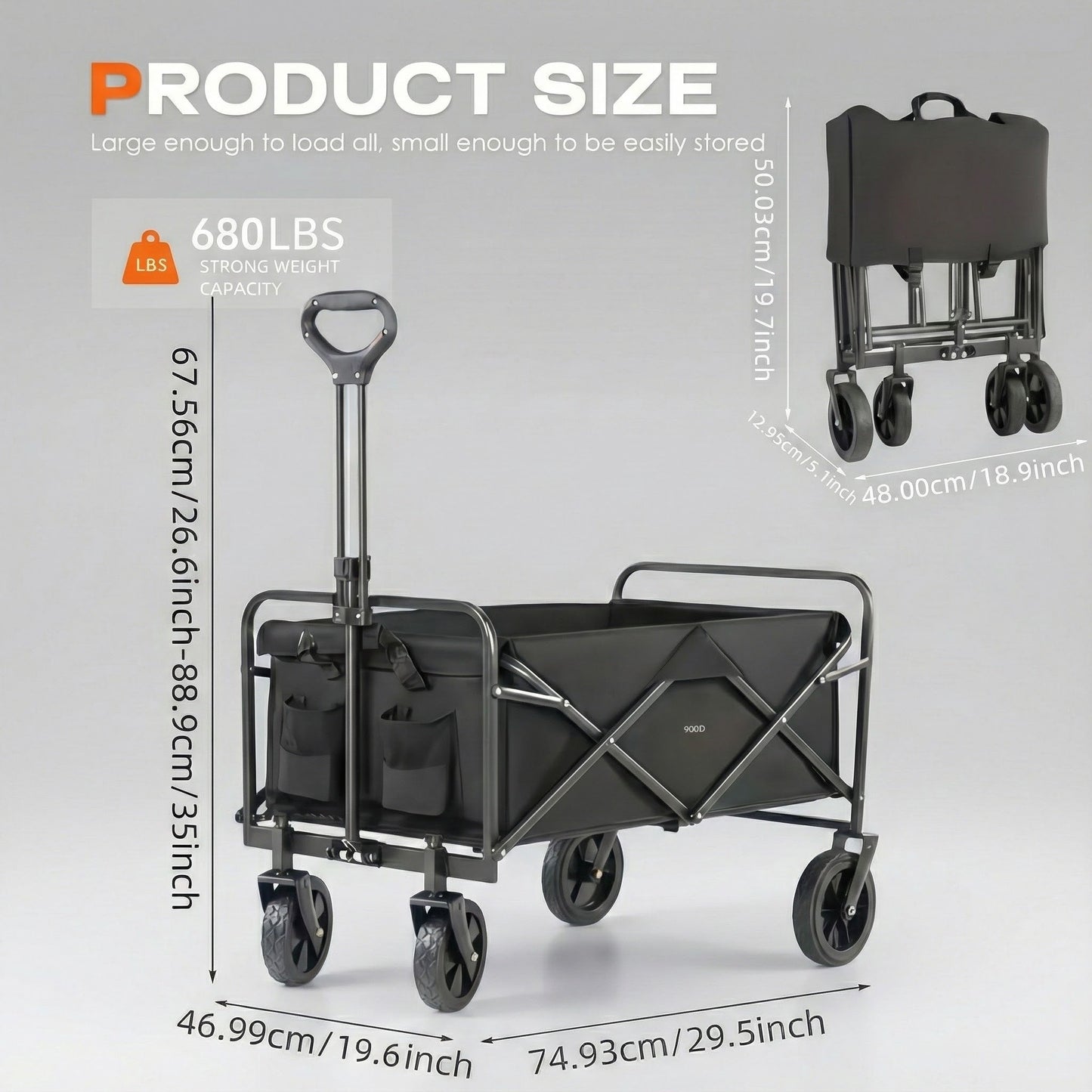 Gray folding wagon cart with steel frame, 4 caster wheels, and carry handle