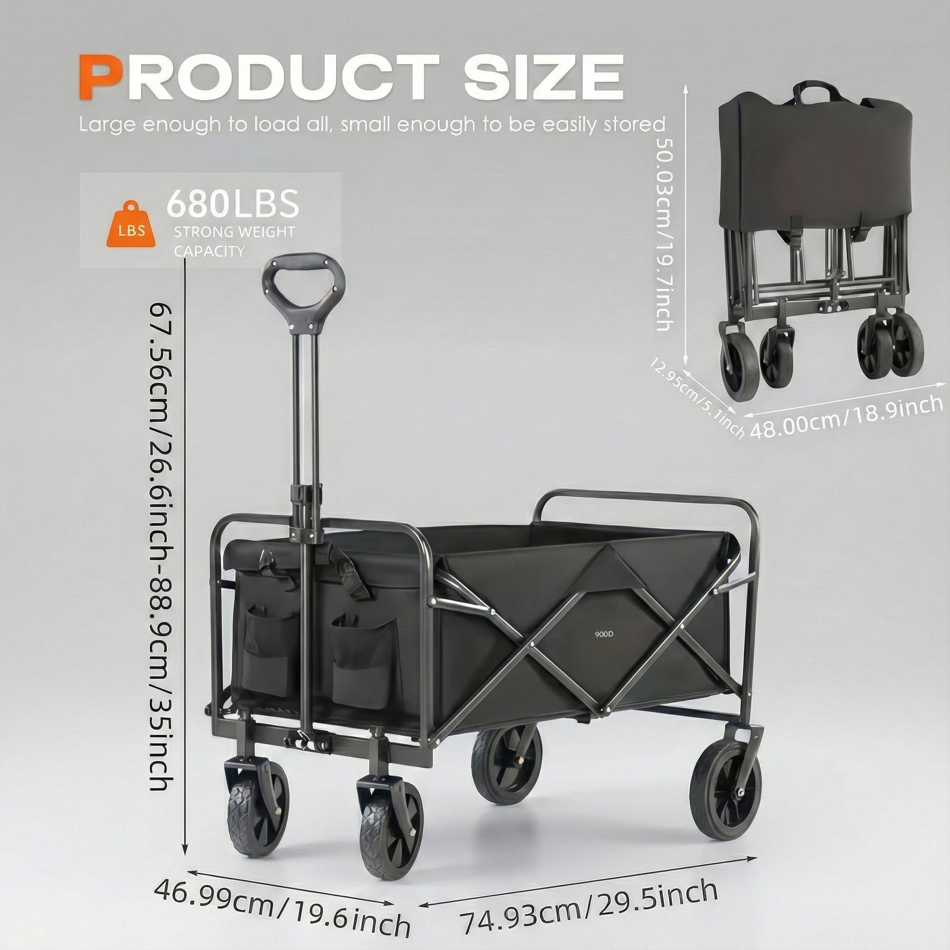 Gray folding wagon cart with steel frame, 4 caster wheels, and carry handle