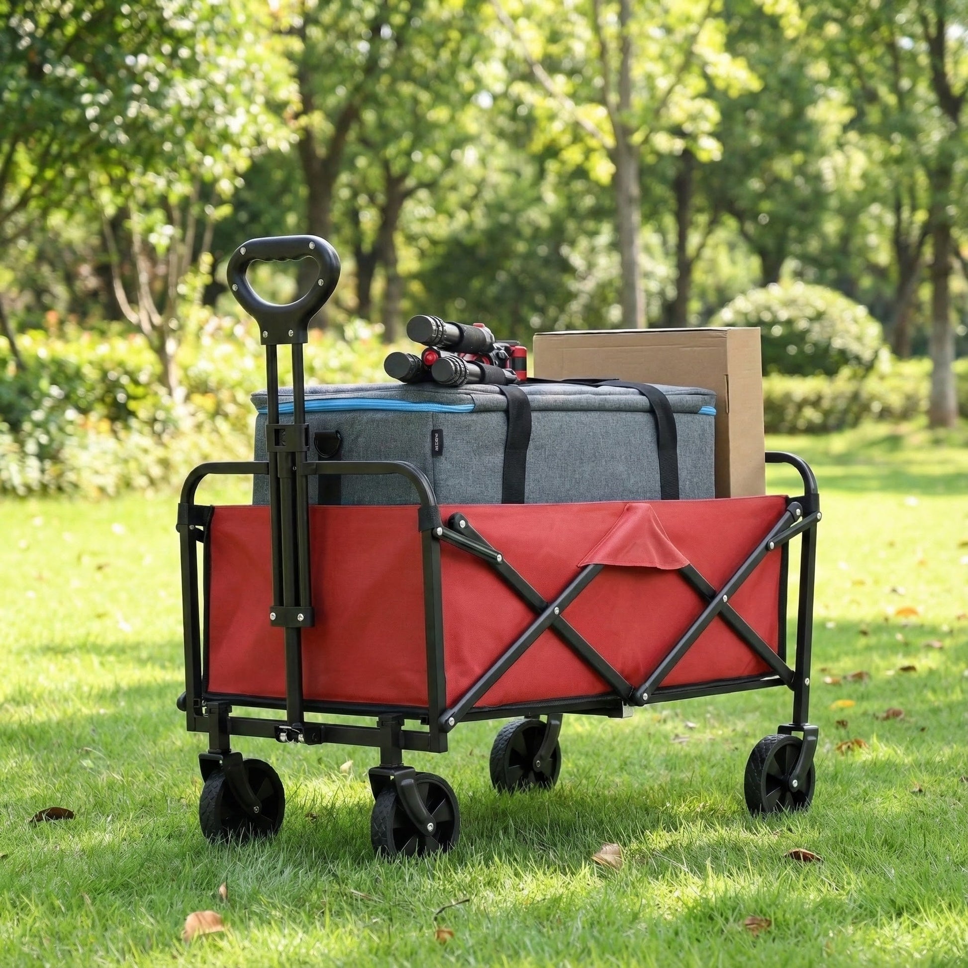 Red and black folding utility wagon cart with cushioned compartments and handle