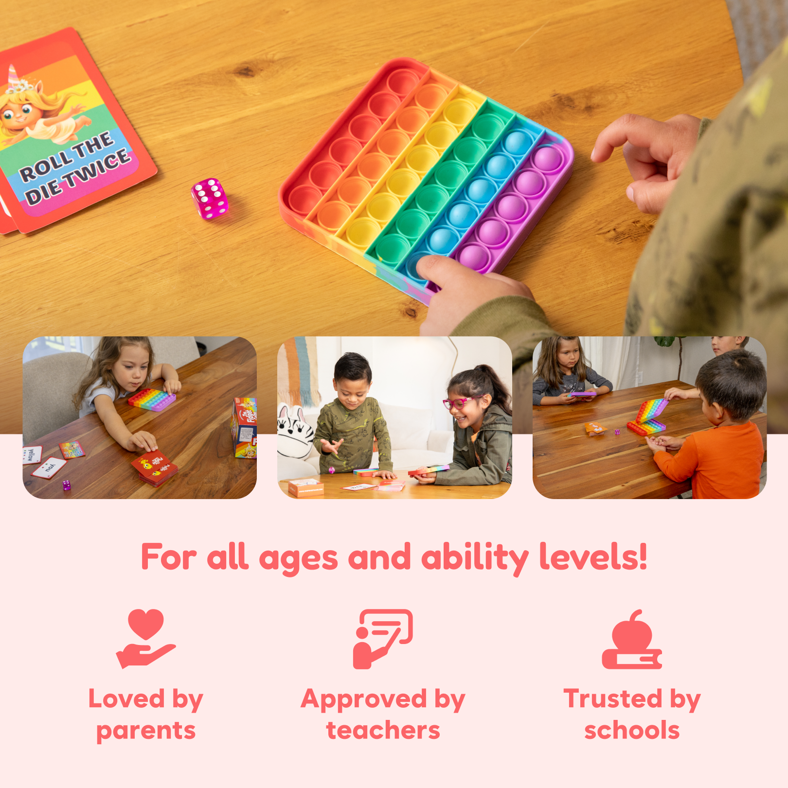 Rainbow pop-it fidget mat with a hand holding the board on a wooden table