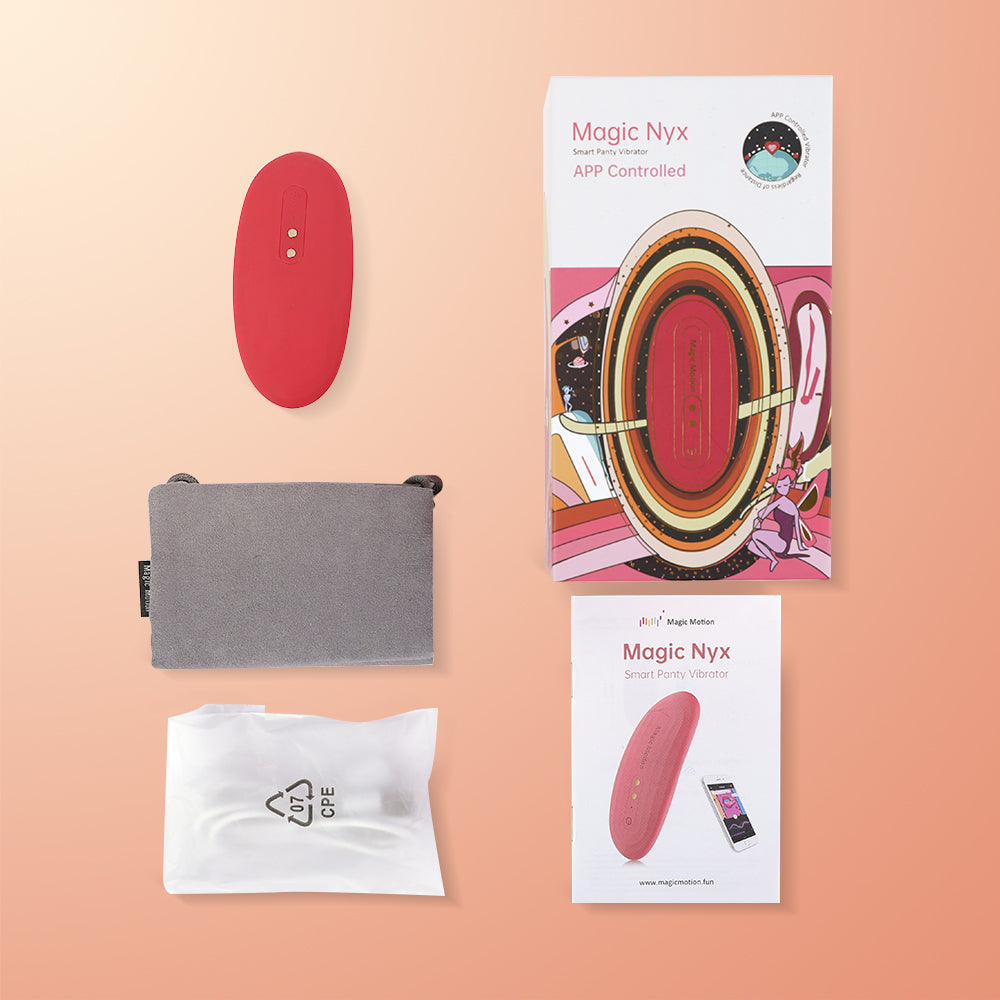 Red oval smart vibrator with packaging box and included accessories