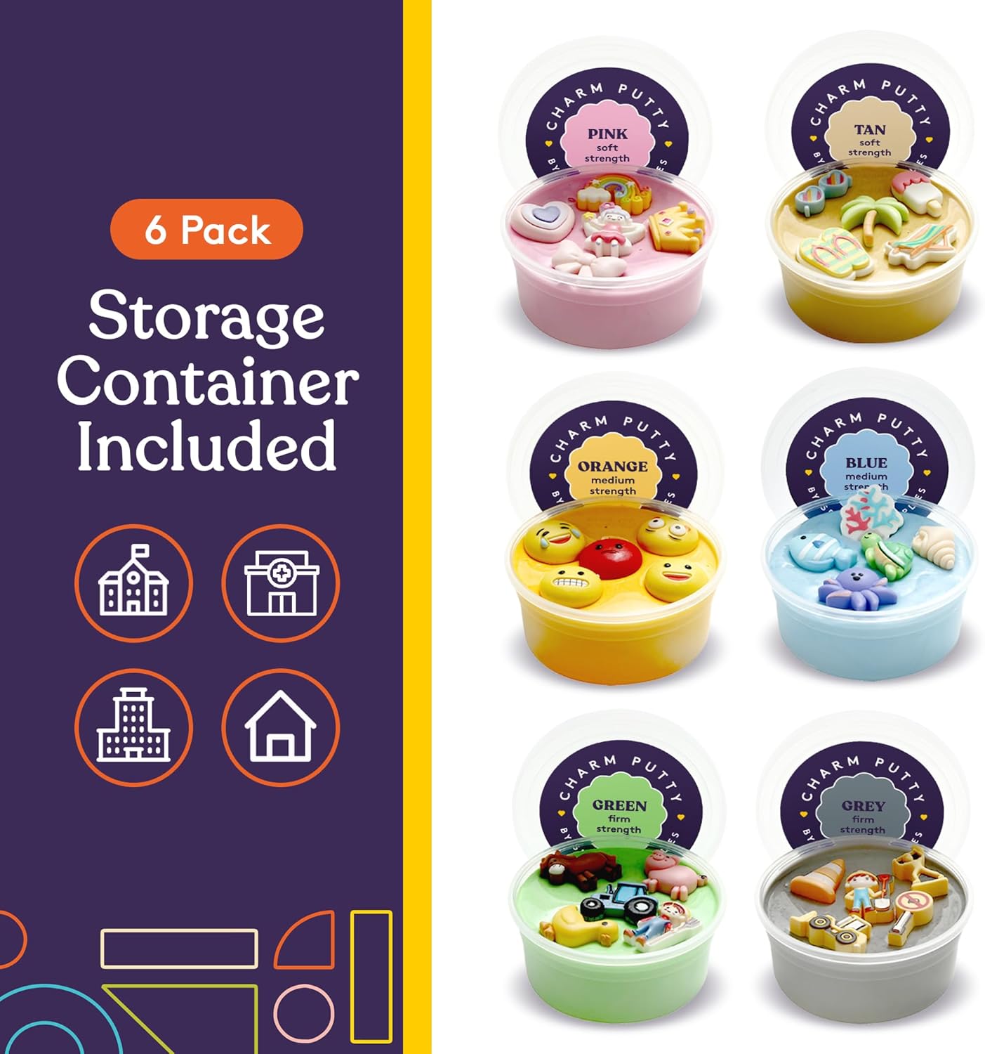 Six charm sensory putty containers in pink, tan, orange, blue, green, grey.