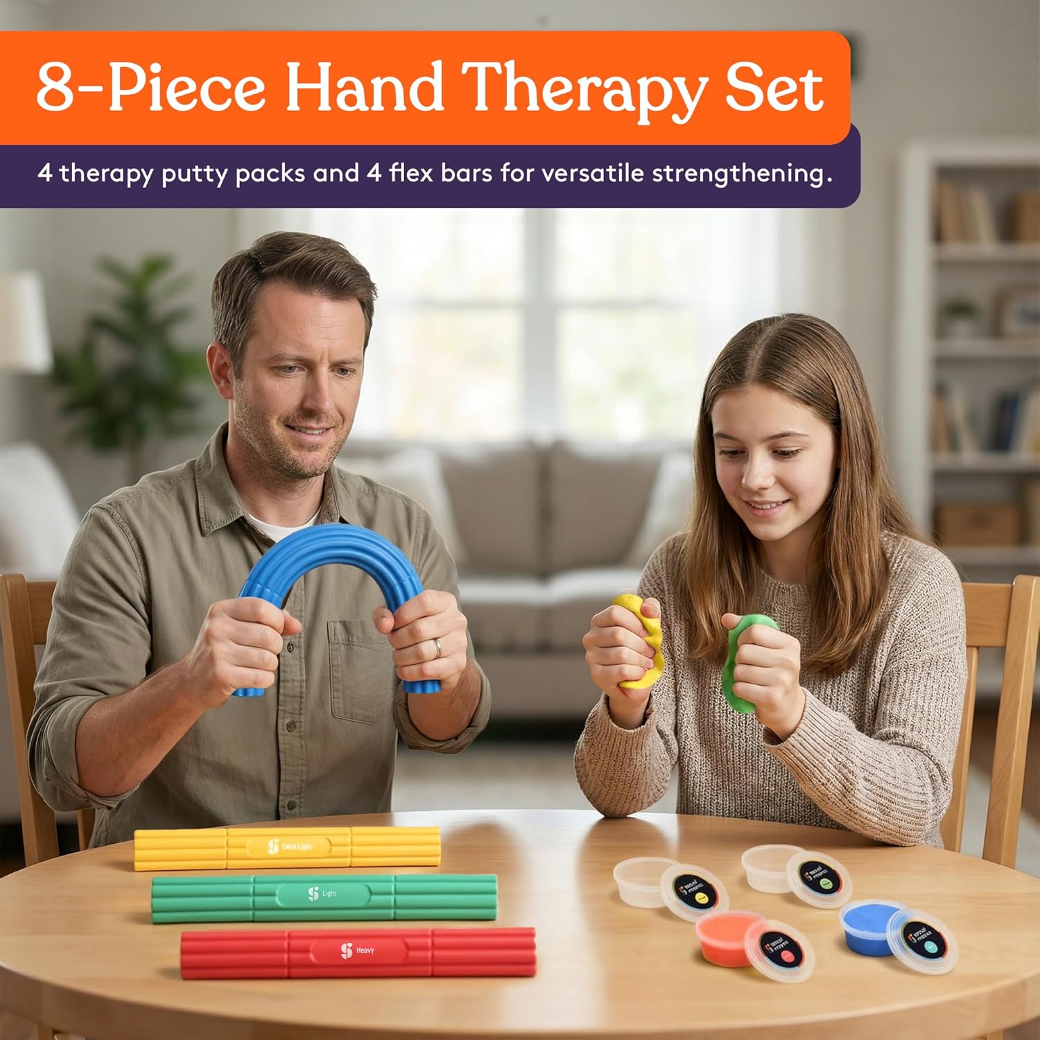 Hand therapy kit with colorful flex rods and small silicone putty containers on table