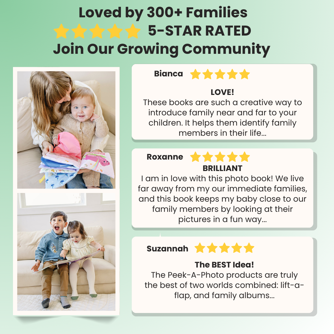 Photo book review graphic with star ratings and family snapshots, text callouts