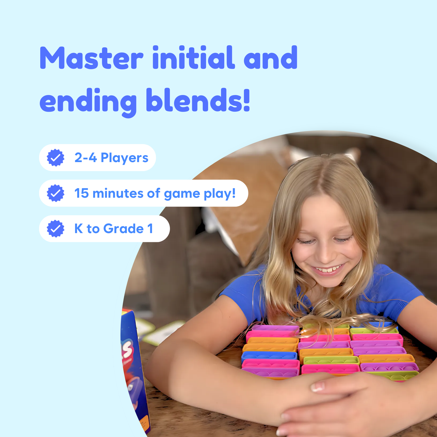 Child playing a phonics letter-tile game with colorful card and tile tray
