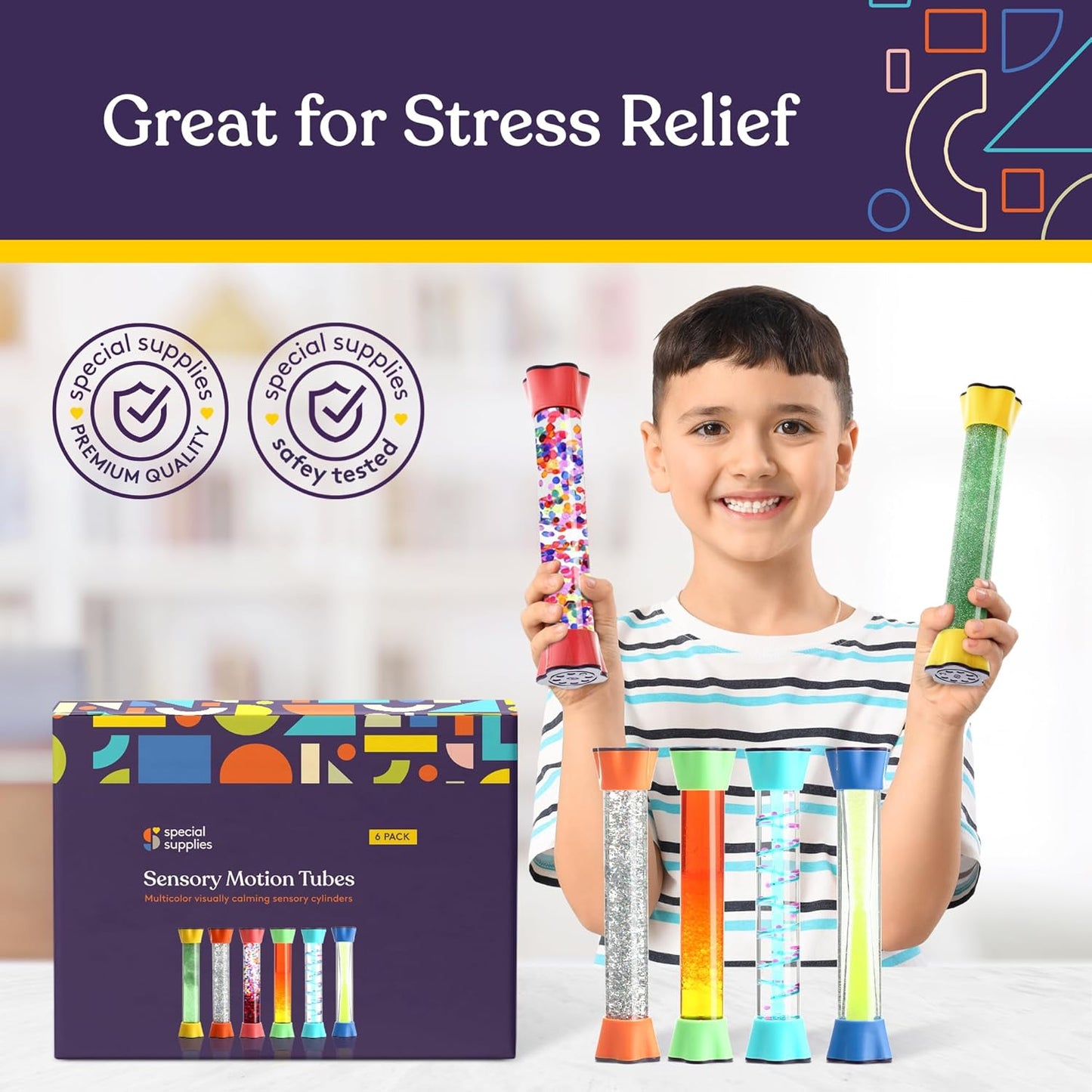 Sensory motion tubes held upright with colorful caps, glitter, and bead-filled chambers
