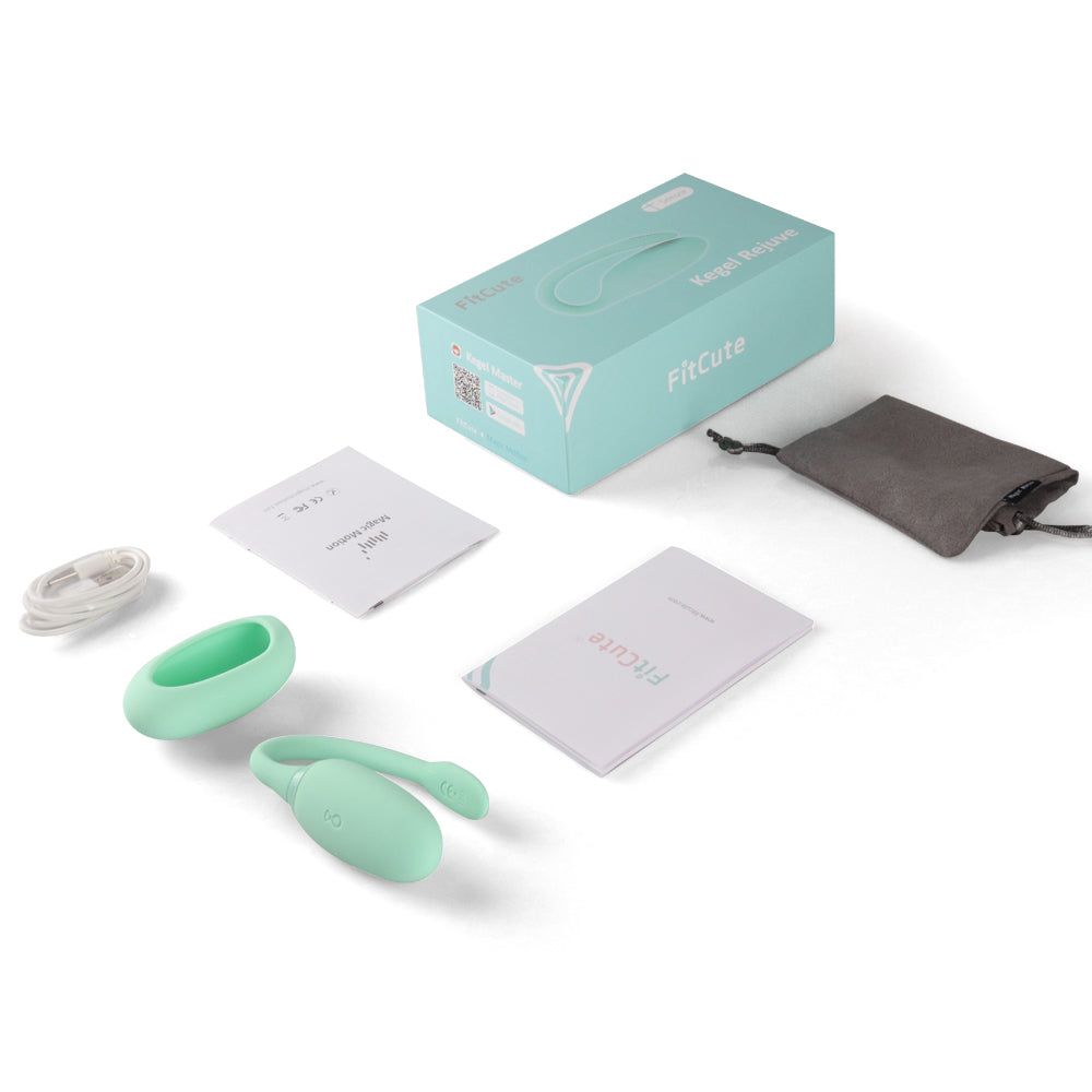 Mint green kegel exercise device kit with carrying pouch, cables, and instruction cards
