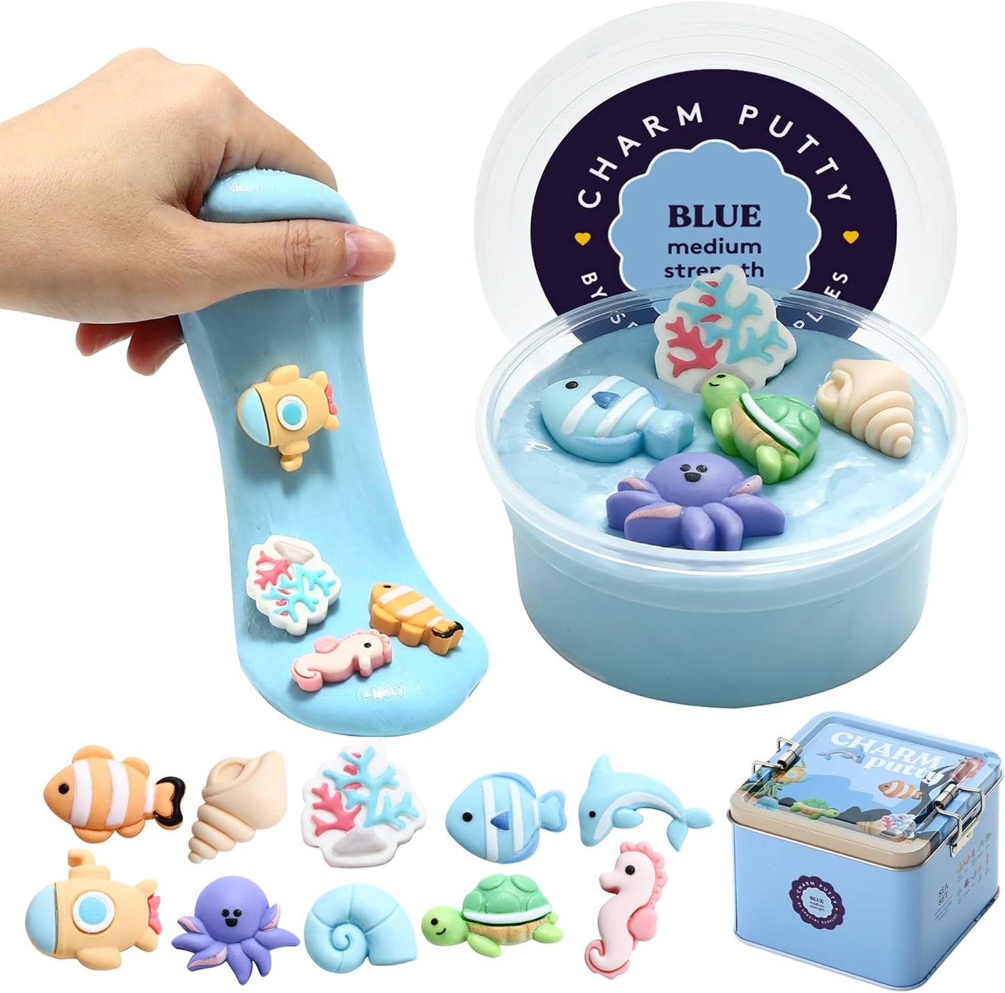 Blue sensory putty in hand and open jar with ocean animal charm pieces