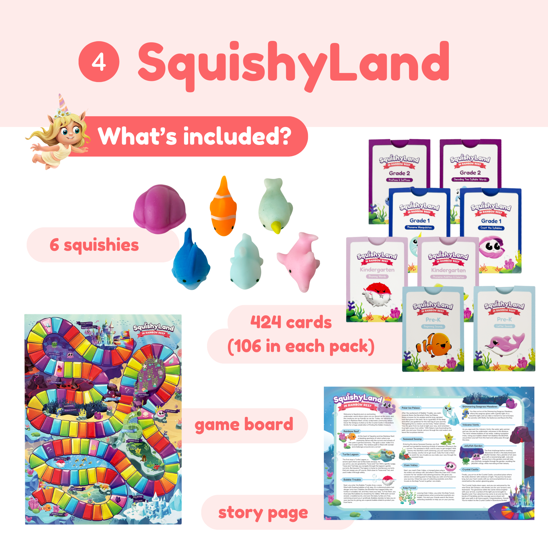 Sensory squishy pieces, card packs, and board game box for learning