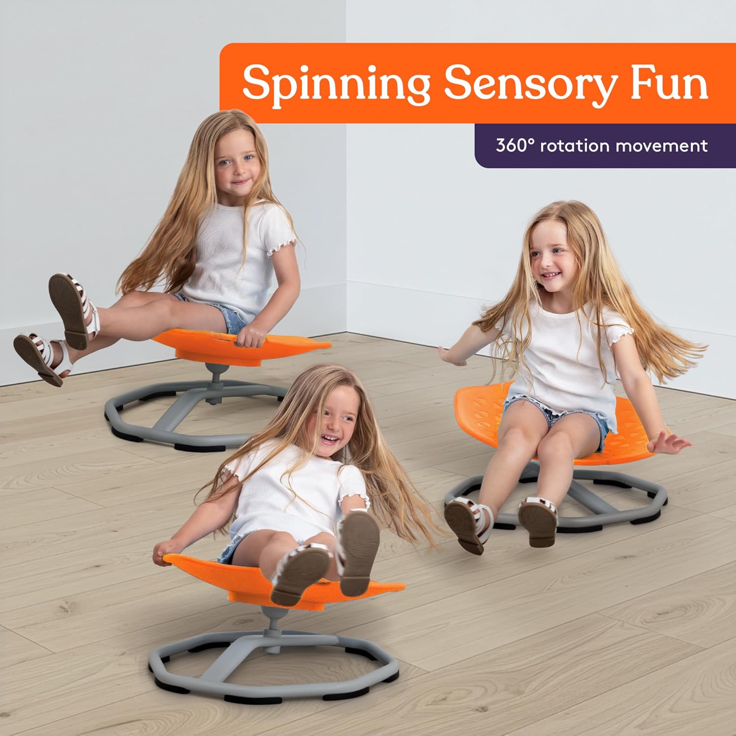 Orange kids sensory spin chair with gray base, shown during spinning play.