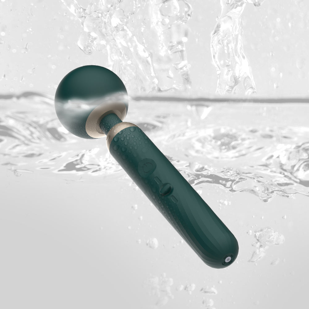 Waterproof app-controlled massage wand with dark teal body and round silicone head