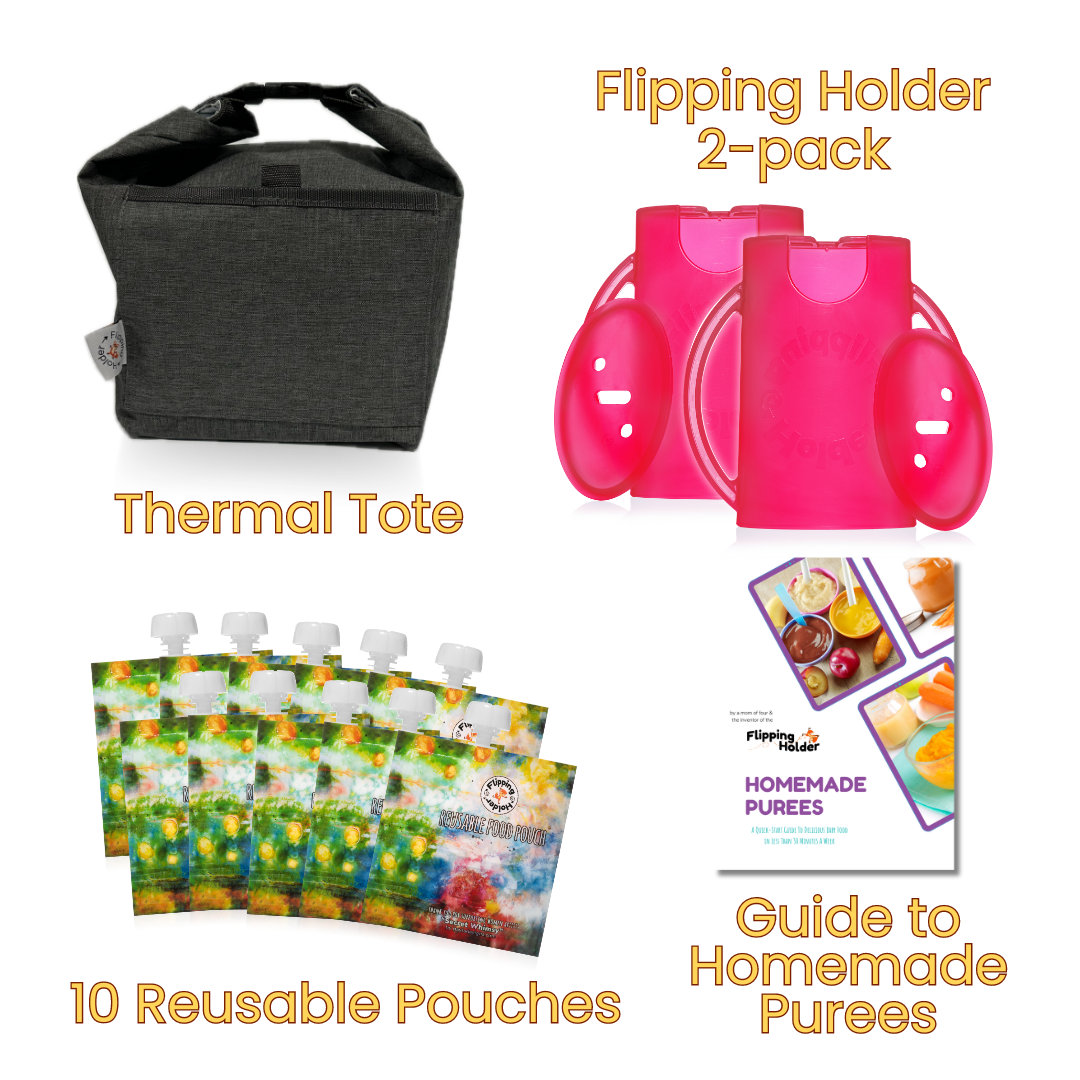 Gift-ready bundle set: dark gray thermal tote with pink-and-white pouch holders and reusable pouch packs