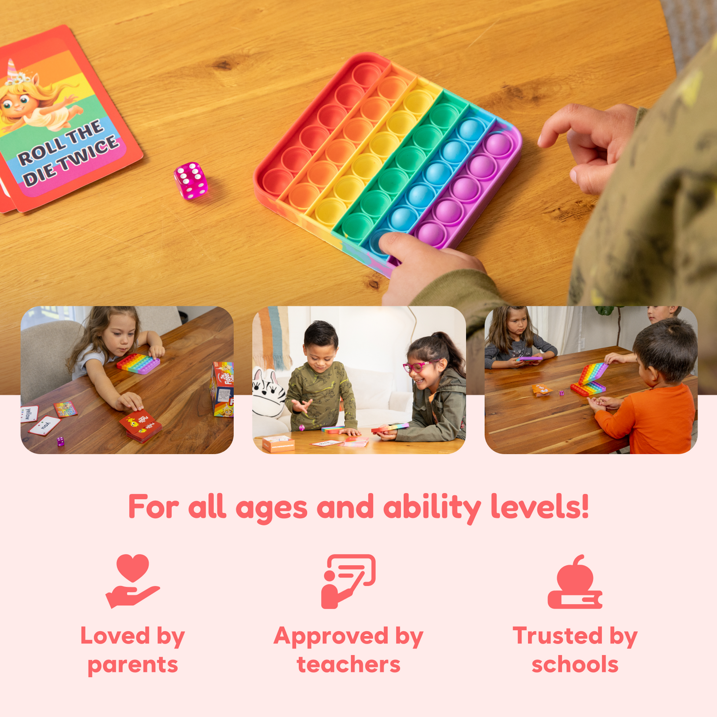 Child hands pressing a rainbow pop-it fidget mat on a wooden table with cards