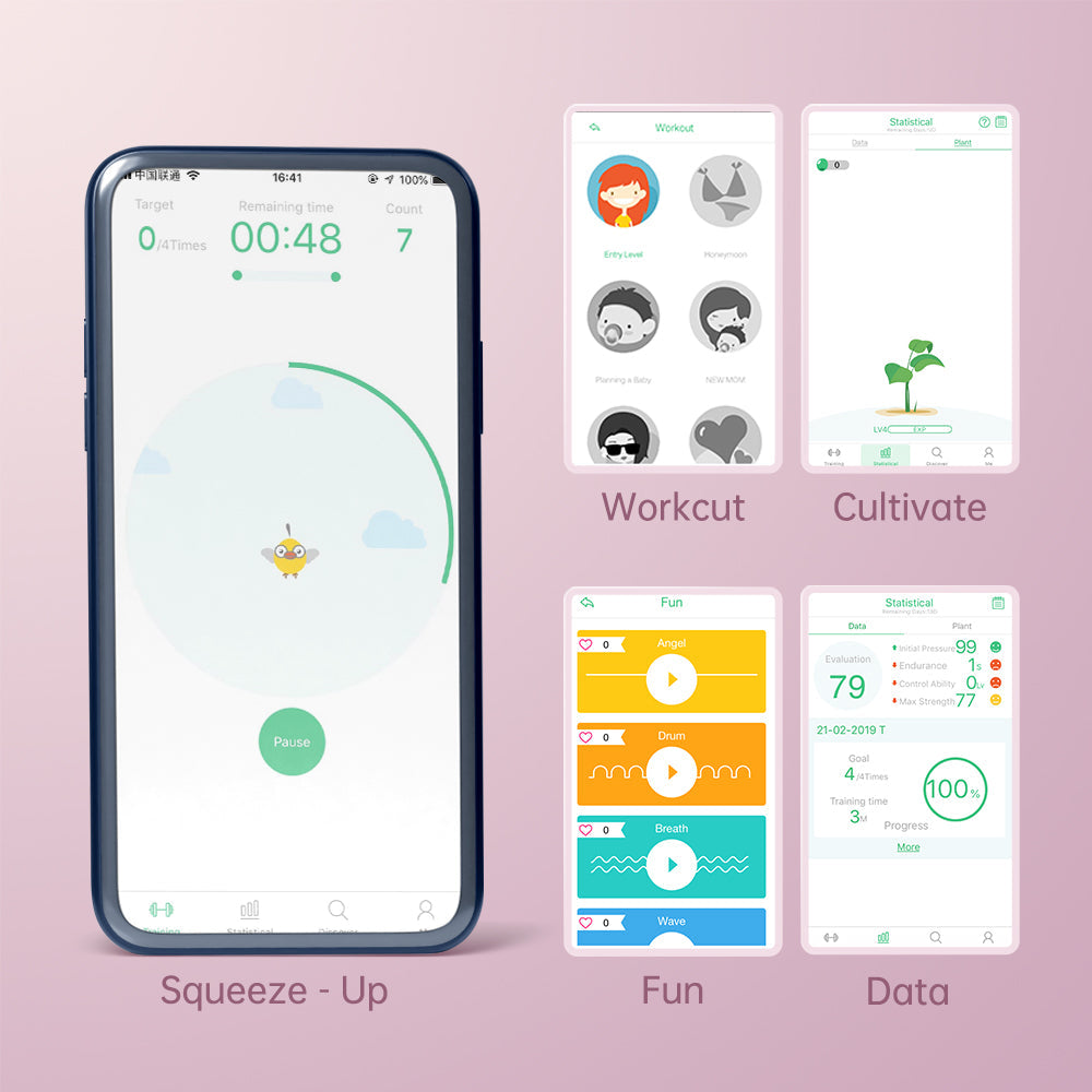 Smartphone app screens for pelvic floor training with Workcut and Cultivate panels
