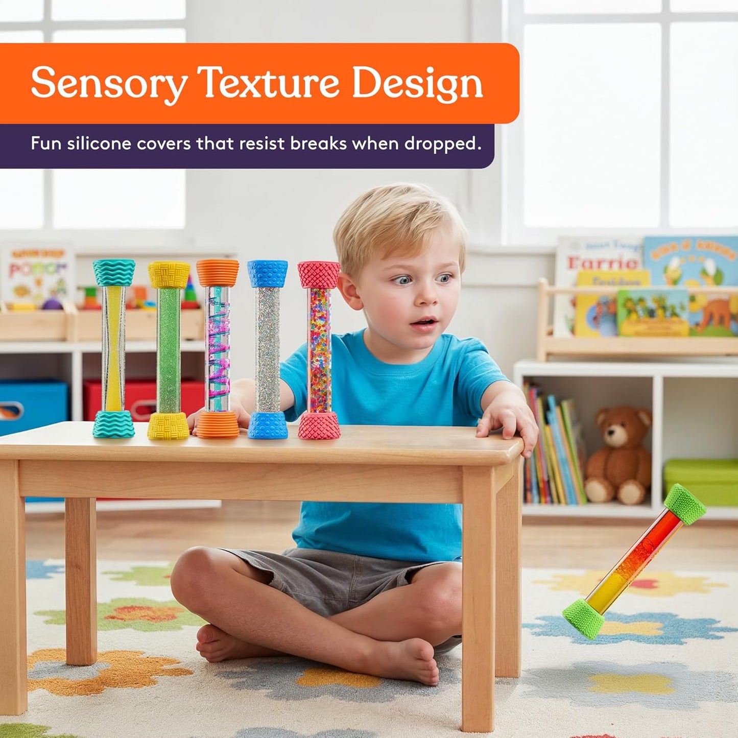 Colorful liquid motion hourglass tubes with textured silicone covers arranged in a row