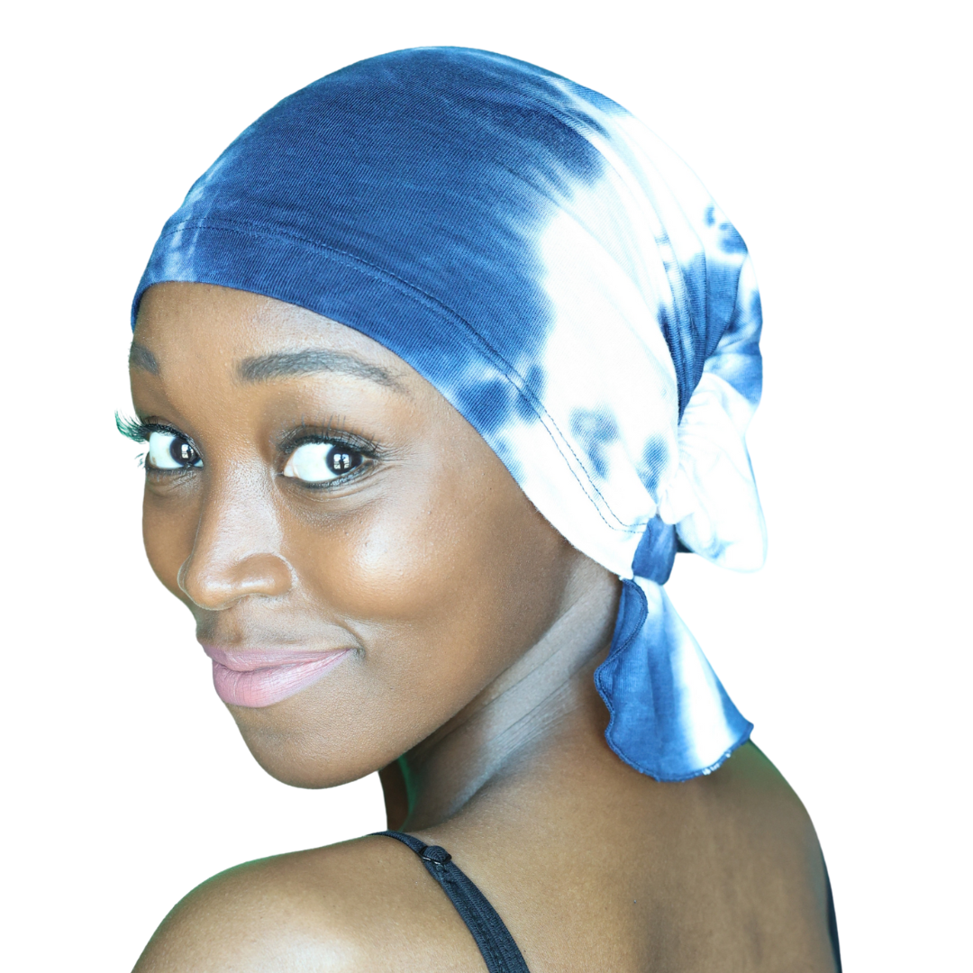 ELISE CHEMOBEANIES® chemo beanie in dark blue with light streaked panel, side knot