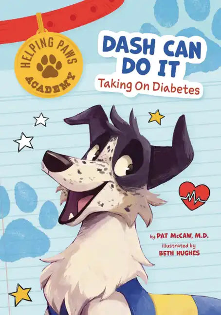 Illustrated children’s diabetes awareness book cover with a cartoon dog and paw prints