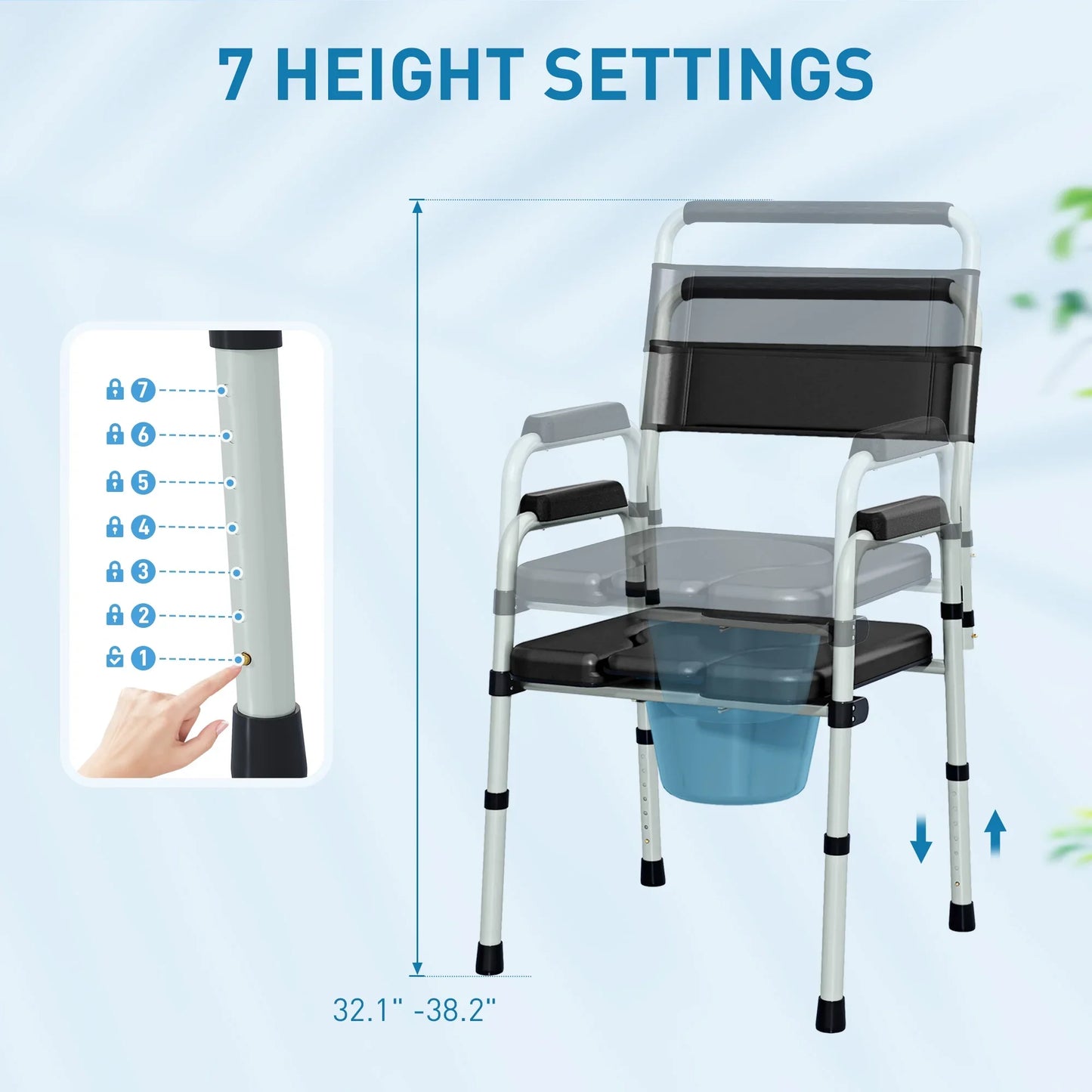 Bedside commode chair with black seat, blue bucket, and adjustable height illustration