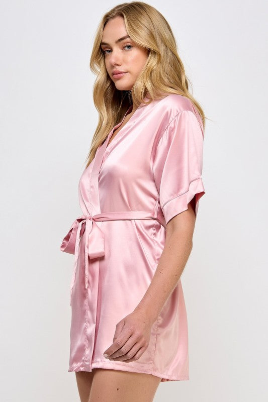 1947 Getting Ready robe, pink satin side view with tie belt, short sleeves