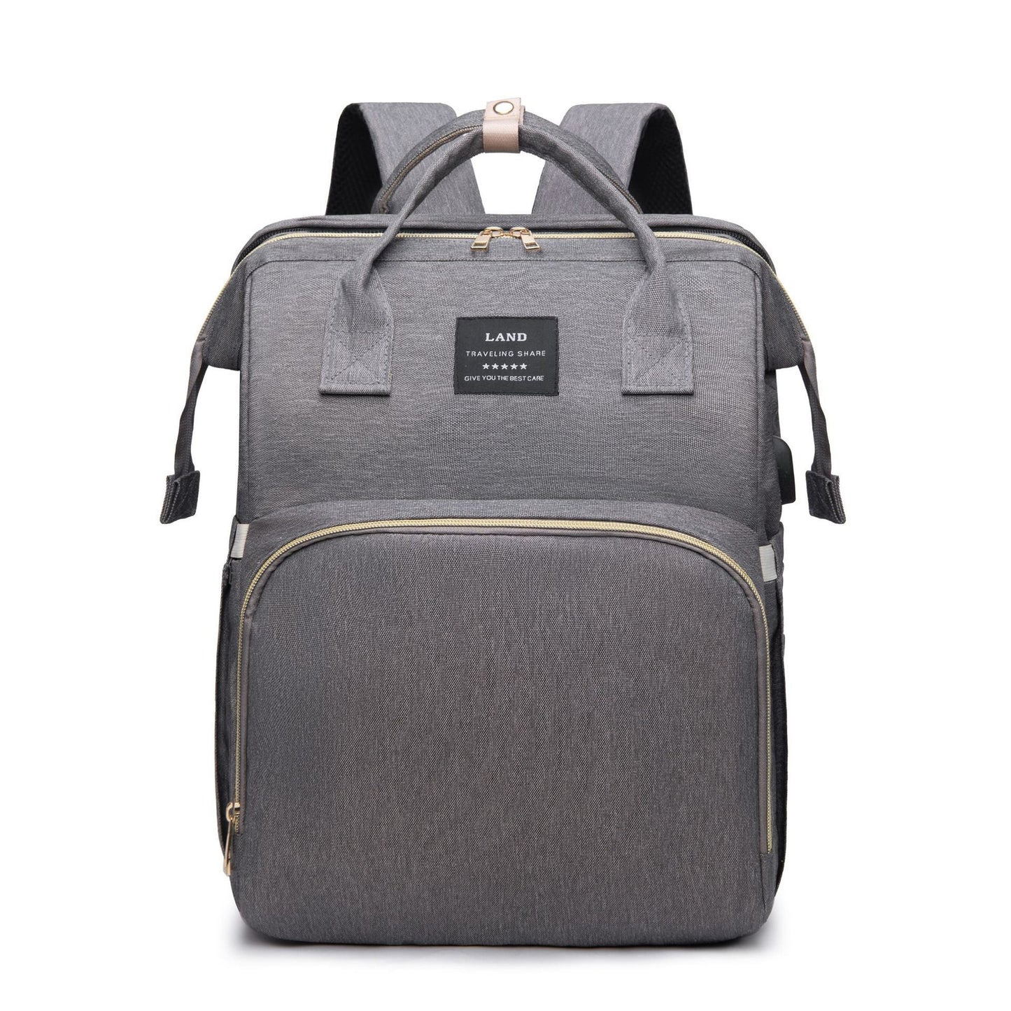 Gray insulated baby crib backpack with front zip pocket, top handle, and side straps