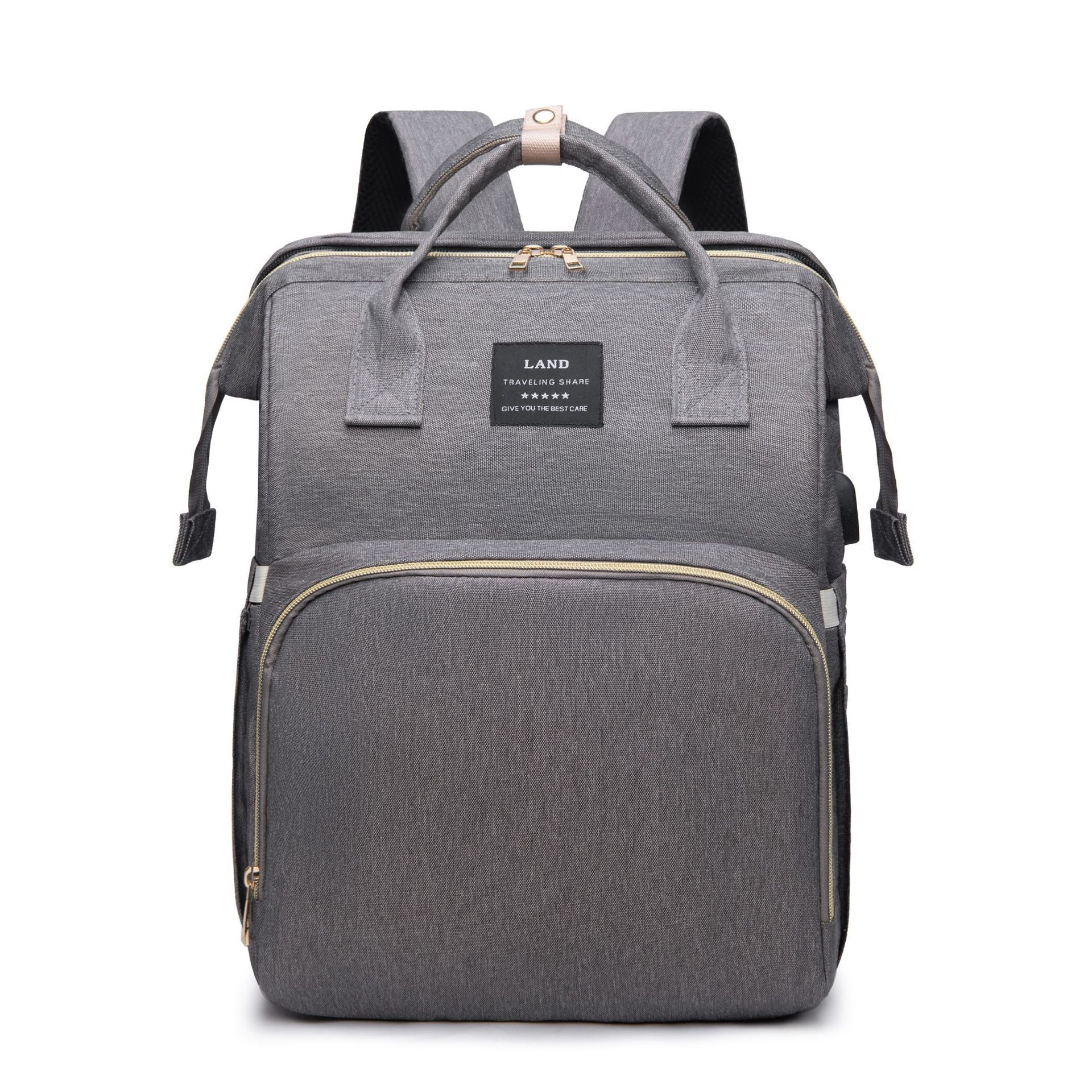 Gray insulated baby crib backpack with front zip pocket, top handle, and side straps